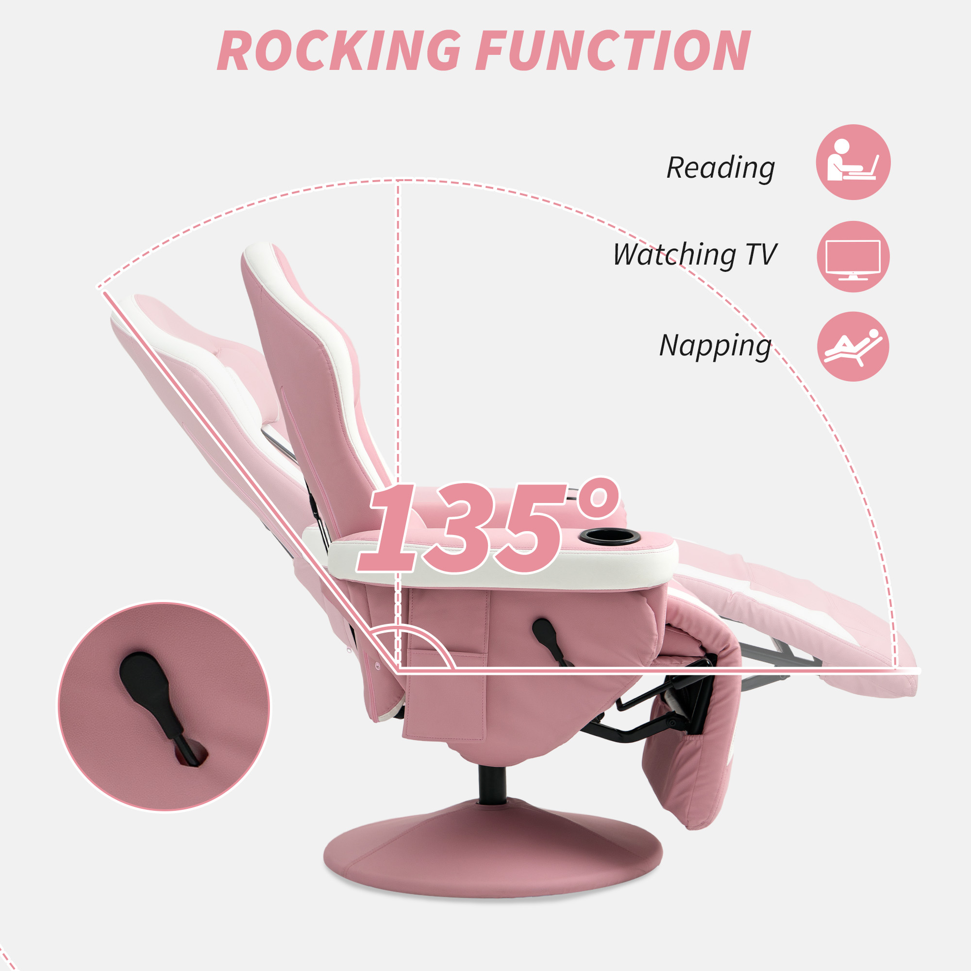 HOMCOM Manual Recliner Armchair PU Leather Lounge Chair w Adjustable Leg Rest, 135° Reclining Function, 360° Swivel, Pink 4
