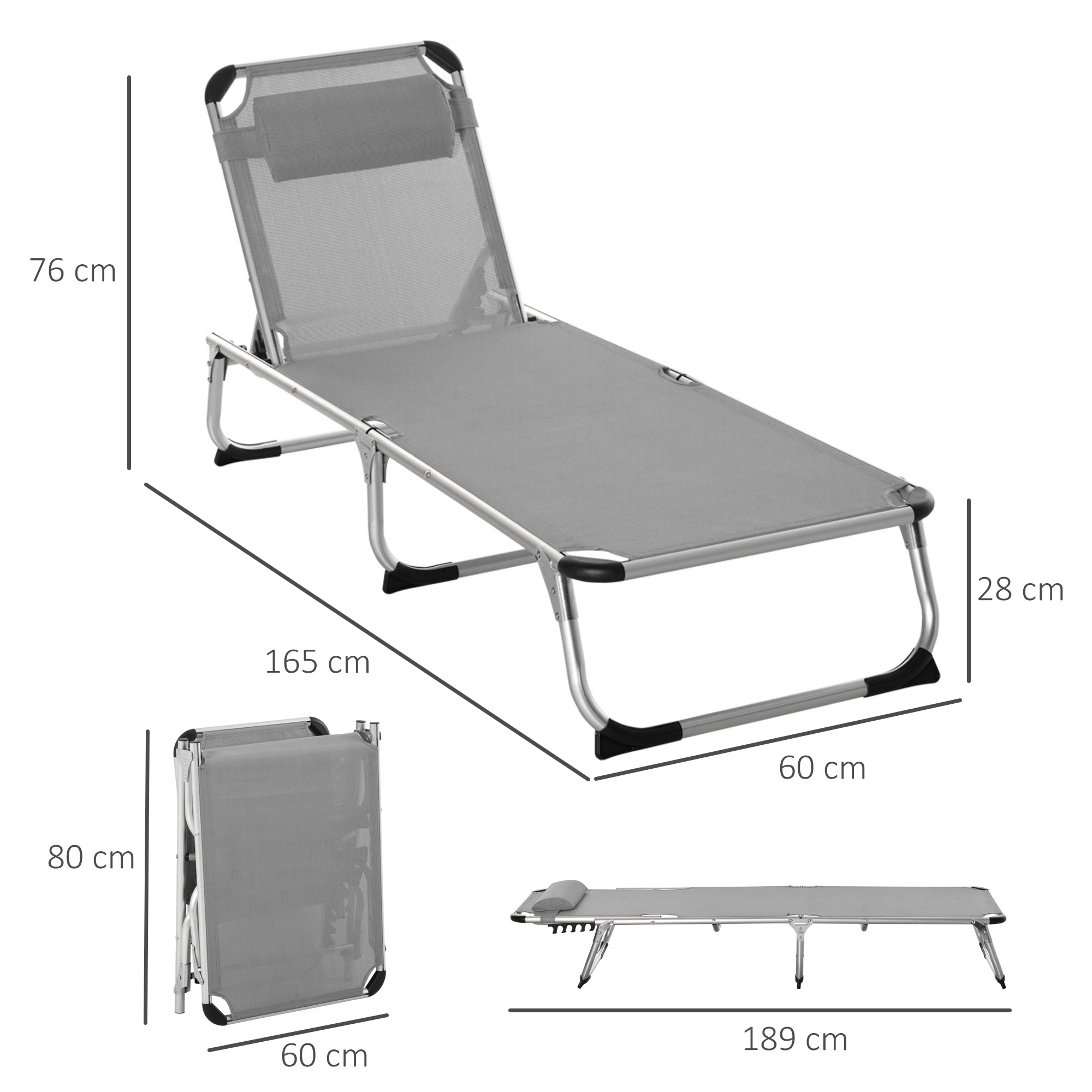 Outsunny Foldable Reclining Sun Lounger Lounge Chair Camping Bed Cot w/ Pillow 4-Level Adjustable Back Aluminium Frame Grey 3