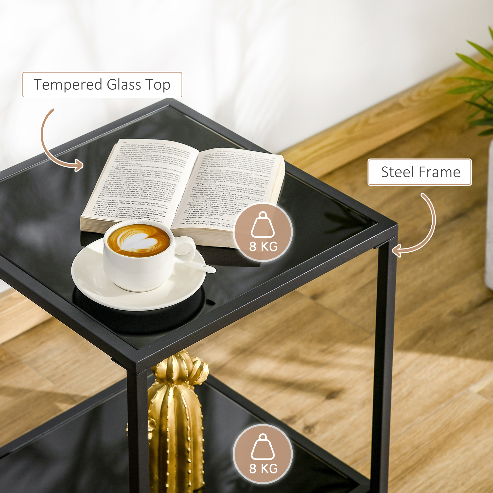 HOMCOM Tempered Glass Side Table with Storage, Modern 2-Tier Bedside Table with Steel Frame, Black 6