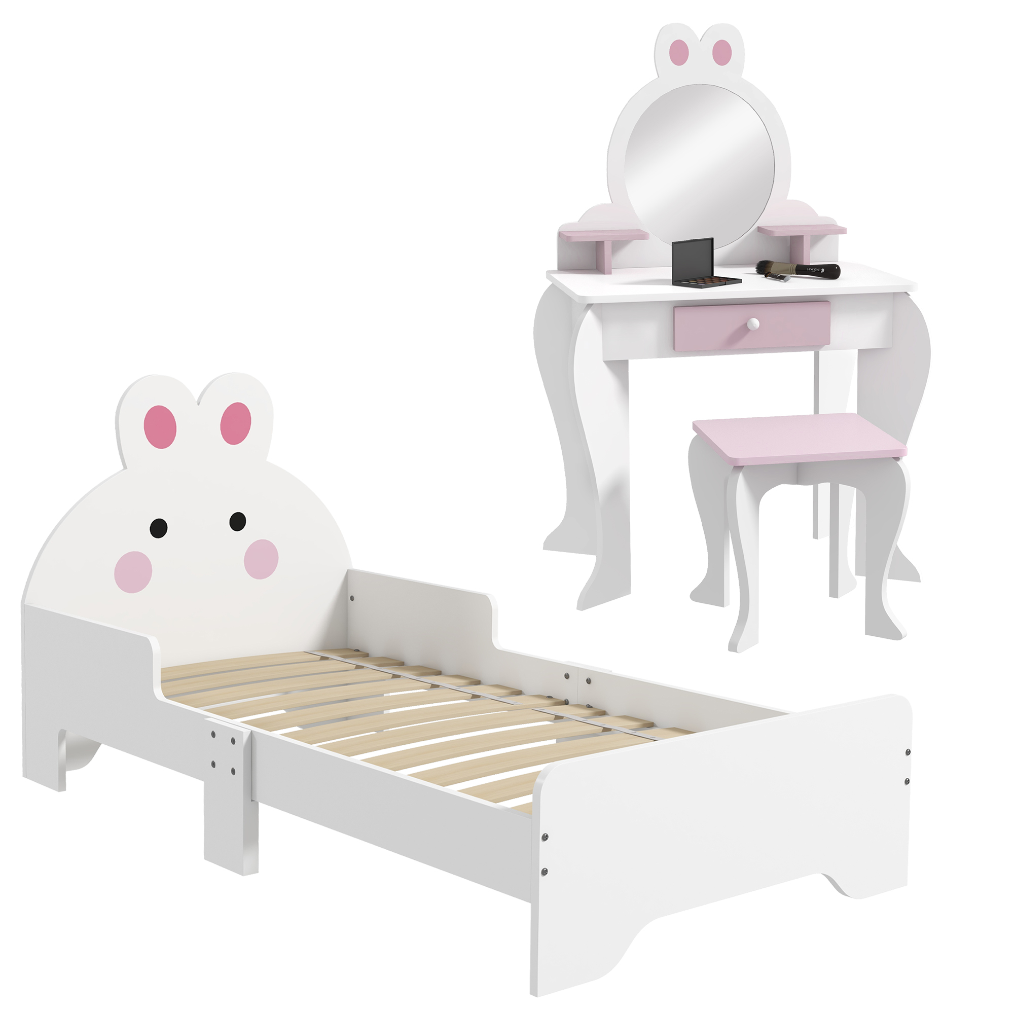 Product photograph of Zonekiz Kids Bedroom Furniture Set Wooden With Dressing Table Stool Bed Bunny-design For 3-6 Years Aosom Uk from Aosom UK