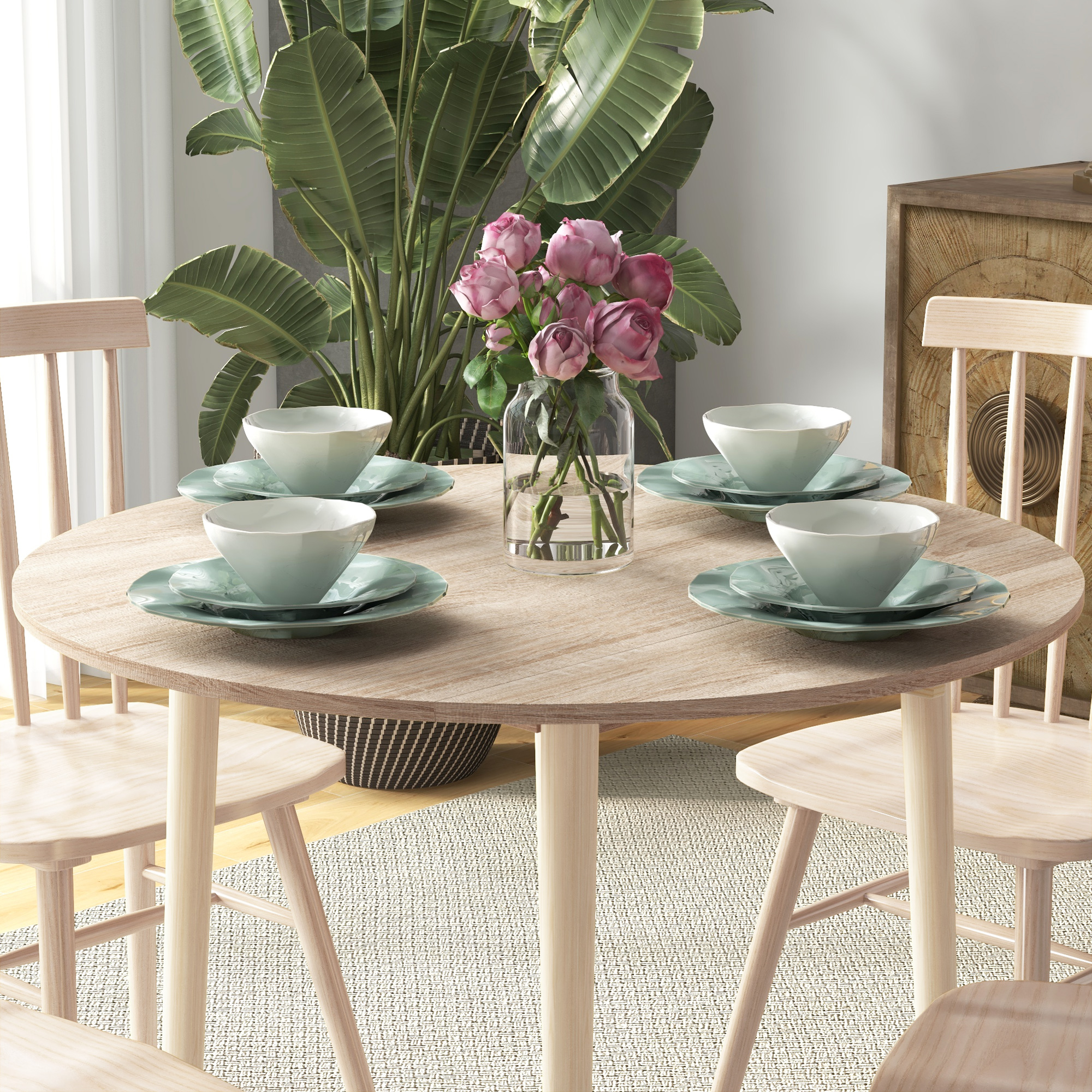 HOMCOM Folding Dining Table for 4, Round Drop Leaf Table, Modern Space Saving Small Kitchen Table with Wood Legs for Dining Room, Natural 8
