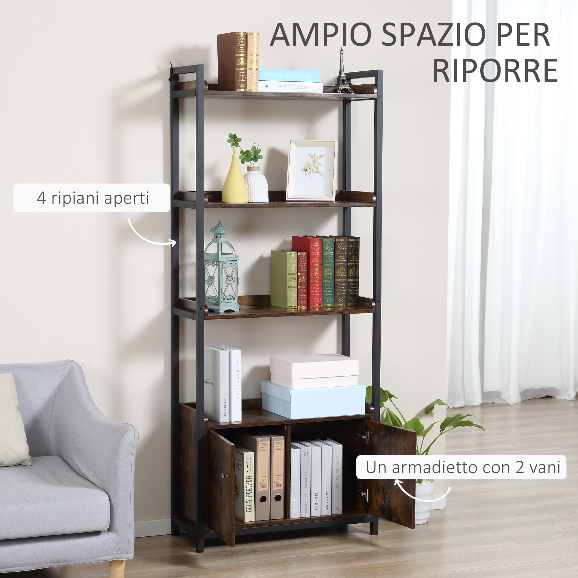 Libreria A 4 Ripiani Con Ante, Stile Rustico Industriale, Struttura In Acciaio Nero E Legno Marrone Per Casa E Ufficio