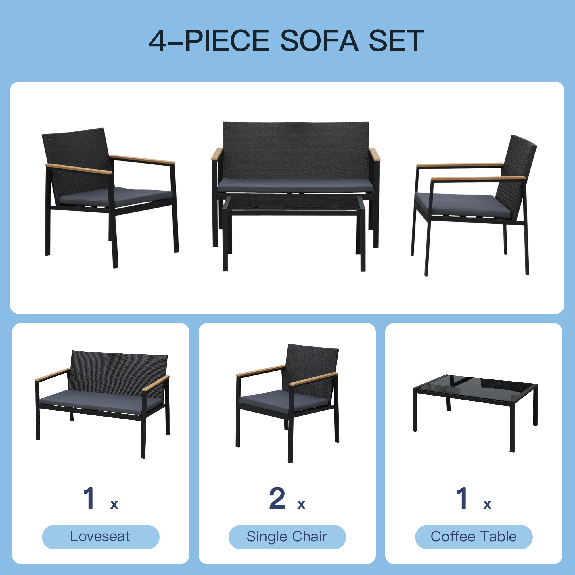 Outsunny 4 Pieces Rattan Garden Furniture Set, 4 Seater Garden Sofa Set with Loveseat, 2 Armchairs and Glass Top Coffee Table, Wicker Outdoor Conservatory Furniture with Cushions for Patio, Black 4
