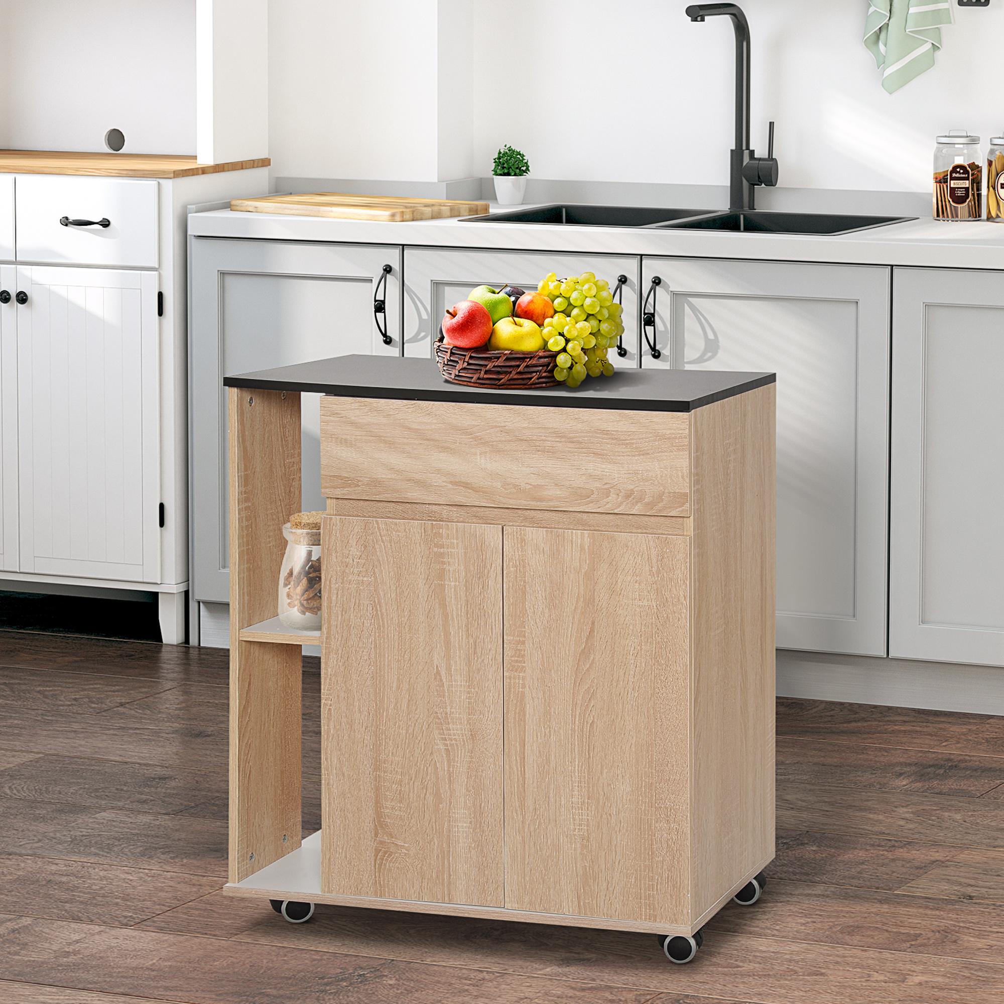 HOMCOM Kitchen Storage Trolley Cart Cupboard Rolling Island Shelves Cabinet With Door and Drawer Locking Wheels 2