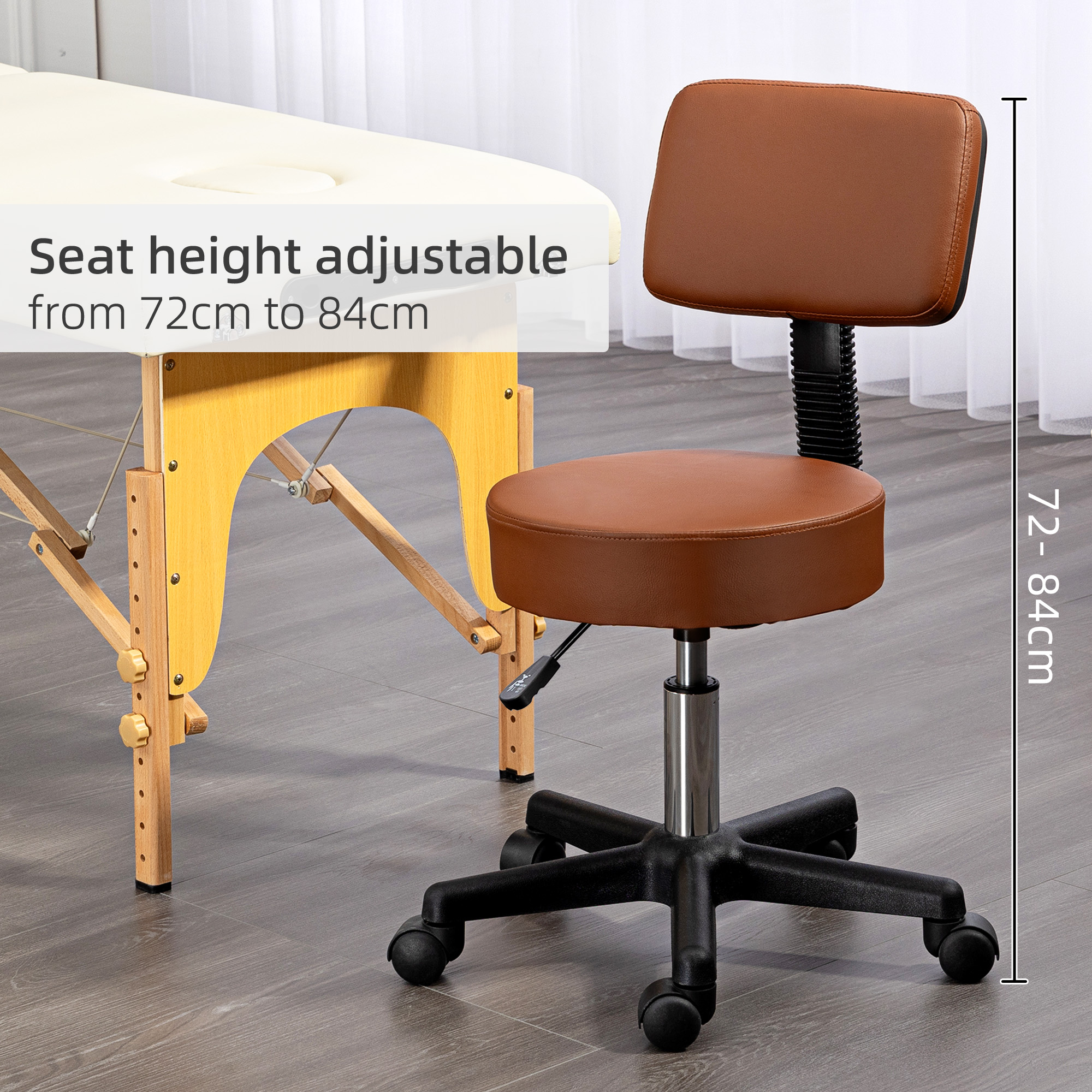 HOMCOM Beautician's Swivel Salon Chair w/ Padded Seat Back 5 Wheels Adjustable Height Salon Hairdressers Tattoo Spa Rolling Cushion Professional 48cm Brown 7