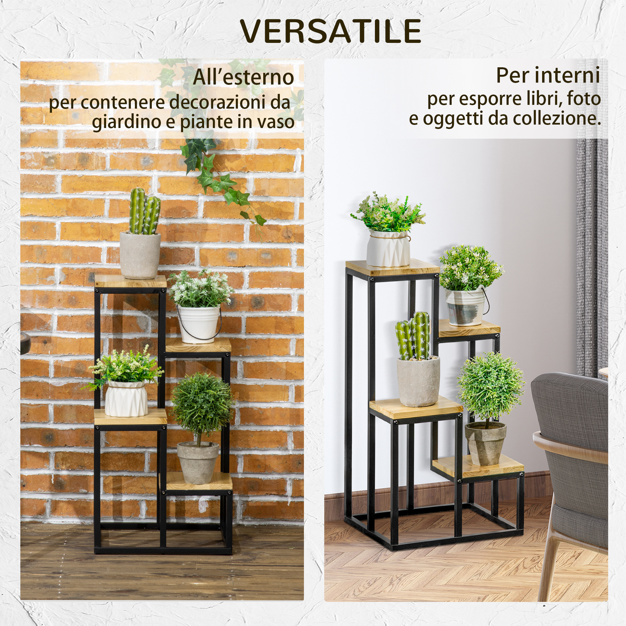 Outsunny Portapiante Pieghevole In Metallo - 3 Ripiani Con Bordi A Mosaico - 60x22x65 Cm - Nero - Per Interni Ed Esterni