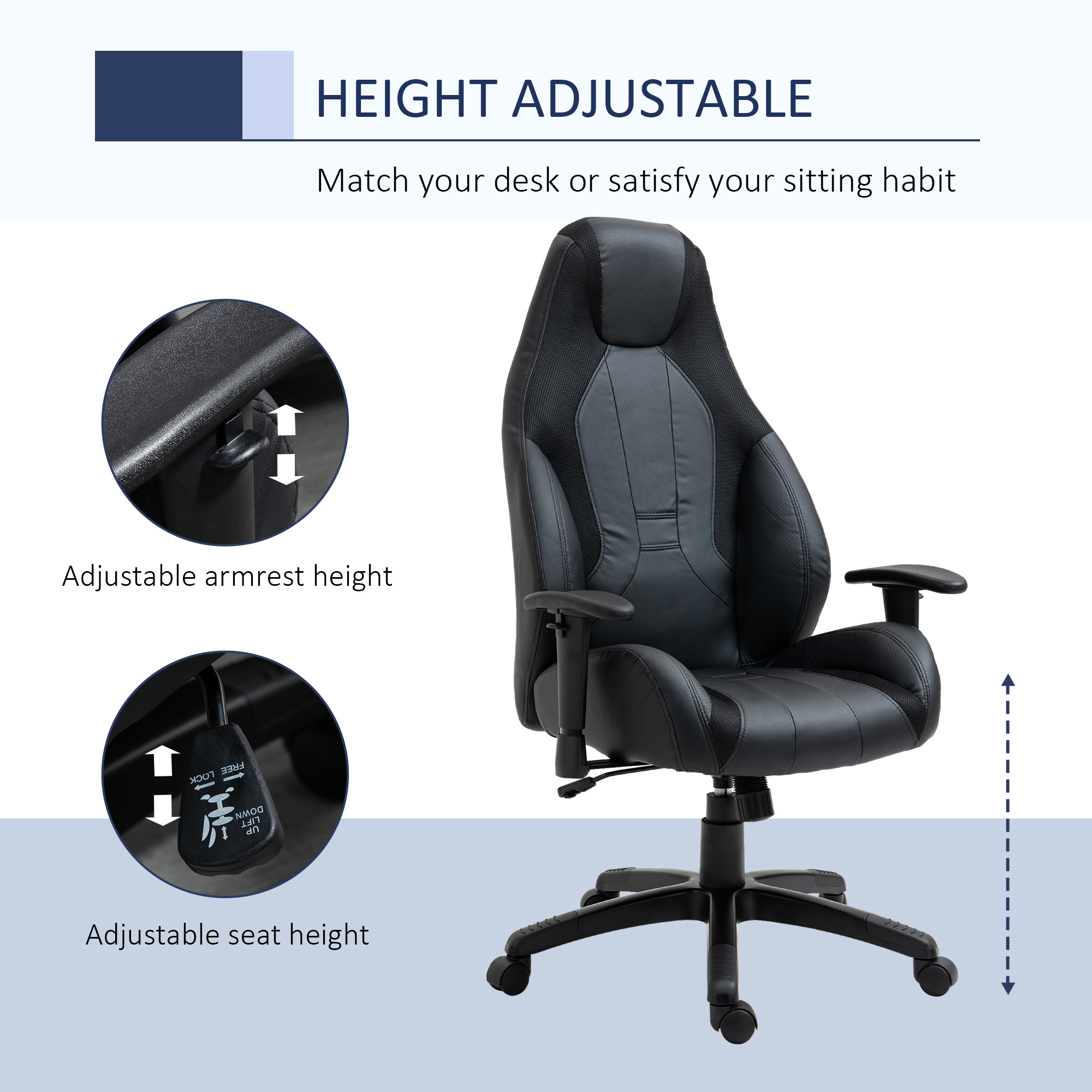 Vinsetto Racing Gaming Chair, Mesh & Faux Leather Computer Chair with High Back, Swivel Wheels, Adjustable Height and Armrest, Black 4