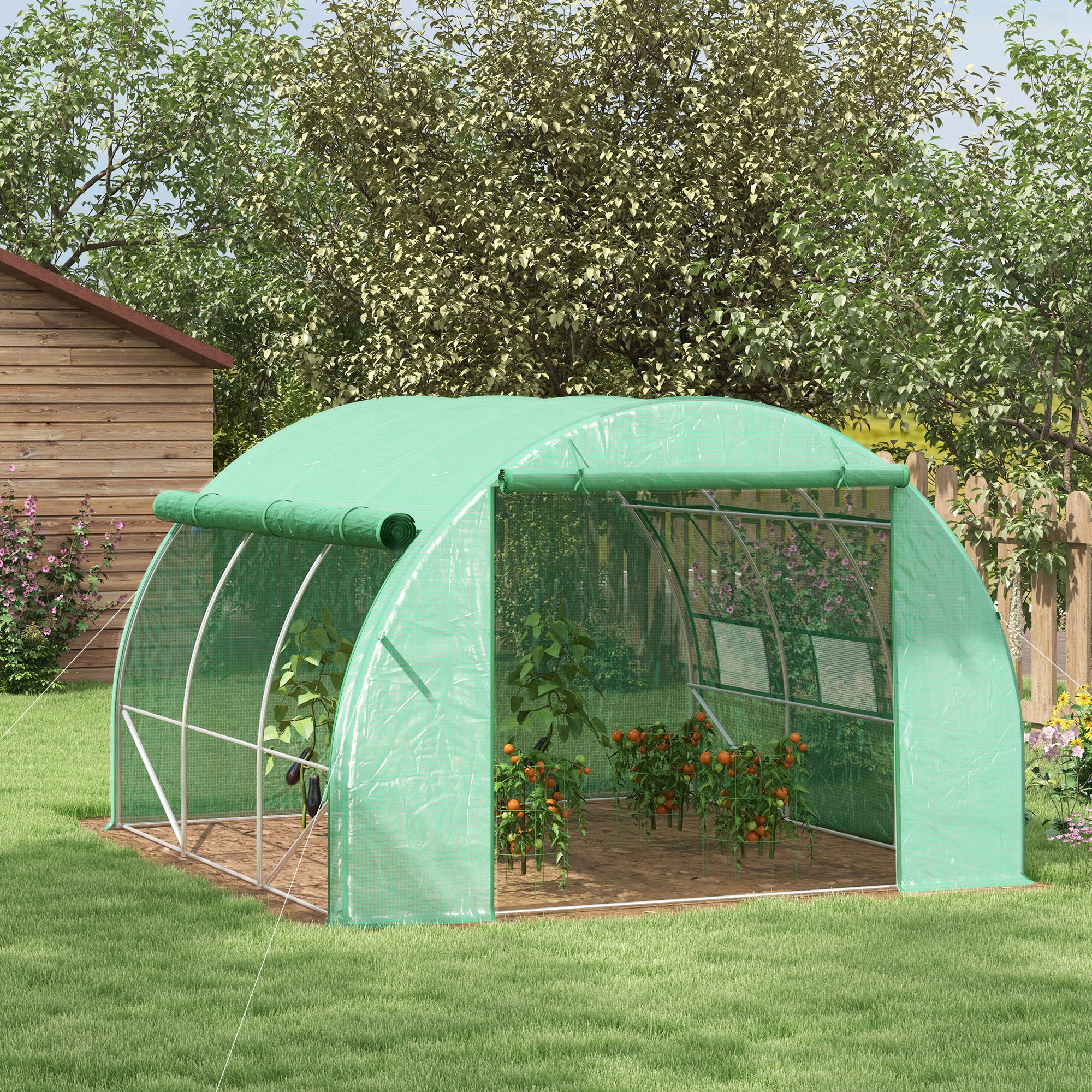 Outsunny Polytunnel Greenhouse Walk-in Grow House Tent with Roll-up Sidewalls, Zipped Door and 6 Windows, 3x3x2m Green 2