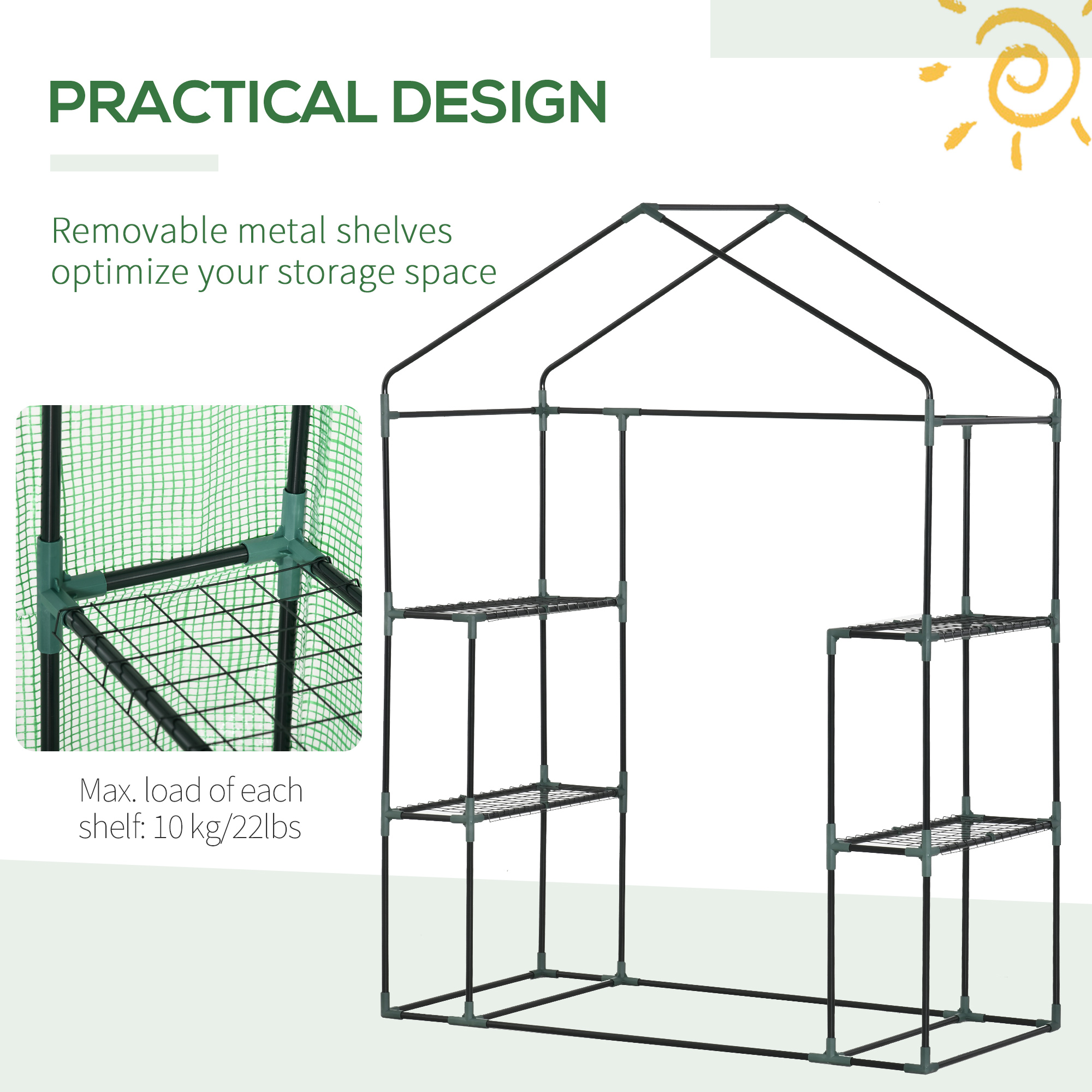 Outsunny Walk In Greenhouse with Shelves, Portable Gardening Plant Grow House for Outdoor with 2 Tier Shelf, Roll-Up Zippered Door, PE Cover, 141 x 72 x 191cm, Green 7