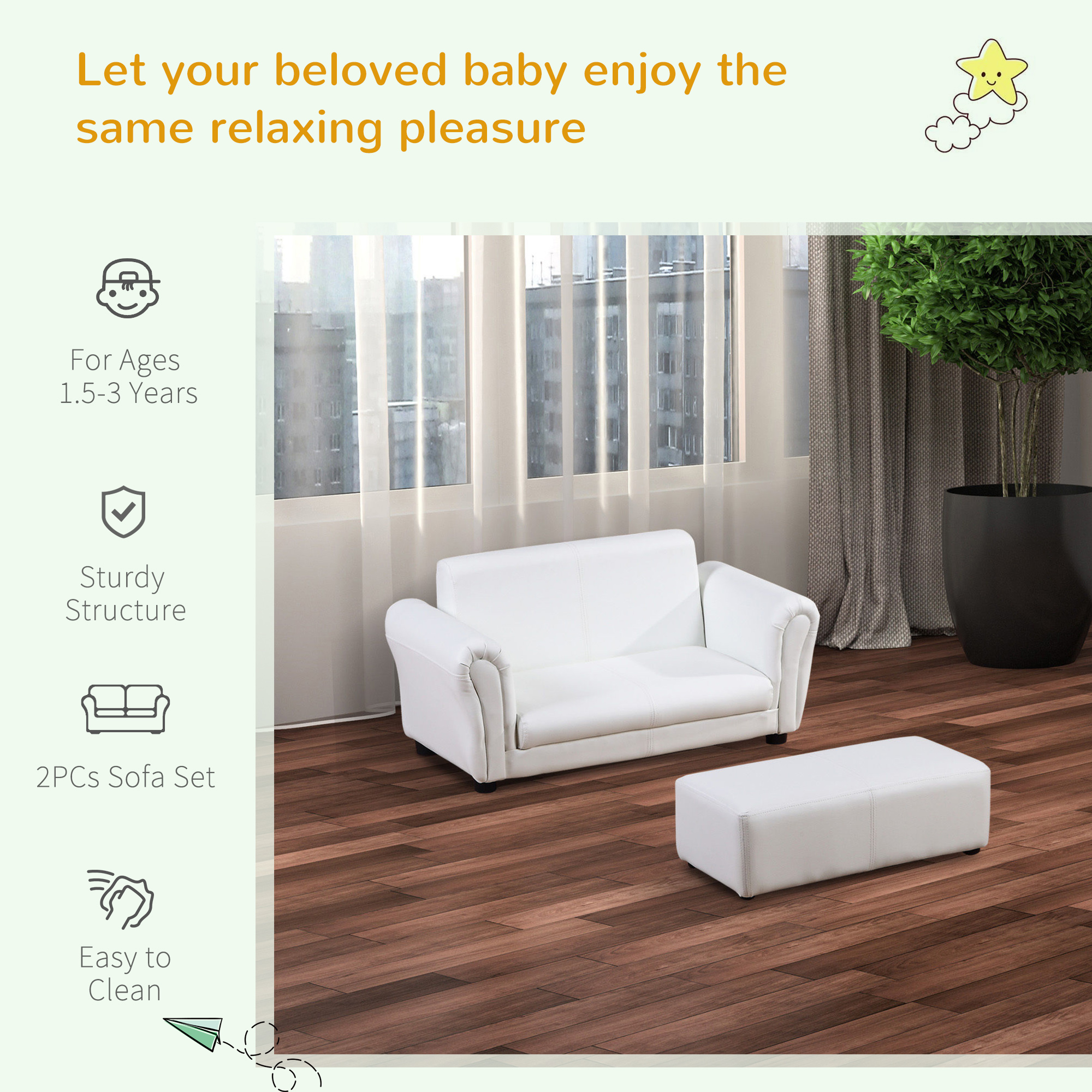 HOMCOM 2 Seater Toddler Chair Kids Twin Sofa Childrens Double Seat Chair Furniture Armchair Boys Girls Couch w/ Footstool (White) 5