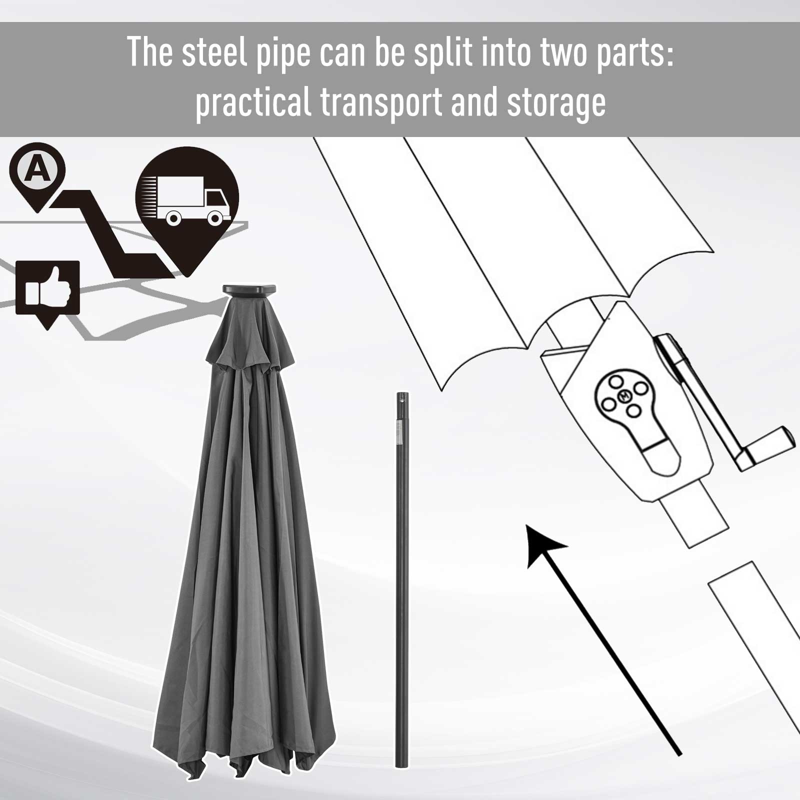 Outsunny Φ2.7m Garden 24 LED Light Parasol Solar Outdoor Tilt Sun Umbrella Patio Club Party Event Manual Sun Shade w/ Hand Crank and 8 Ribs, Grey 5