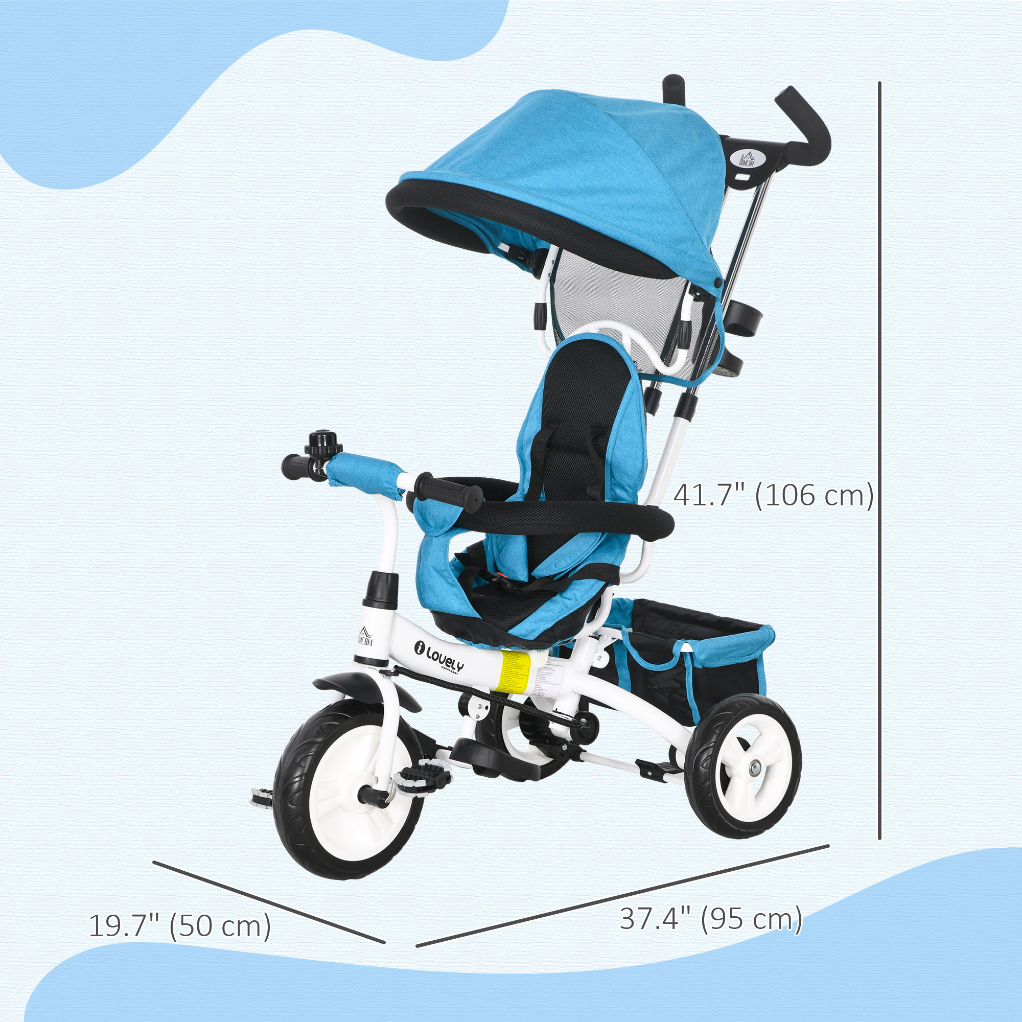 HOMCOM 6 in 1 Kids Trike Push Bike w/ Push Handle, Canopy, 5-point Safety Belt, Storage, Footrest, Brake, for 1-5 Years, Blue 3