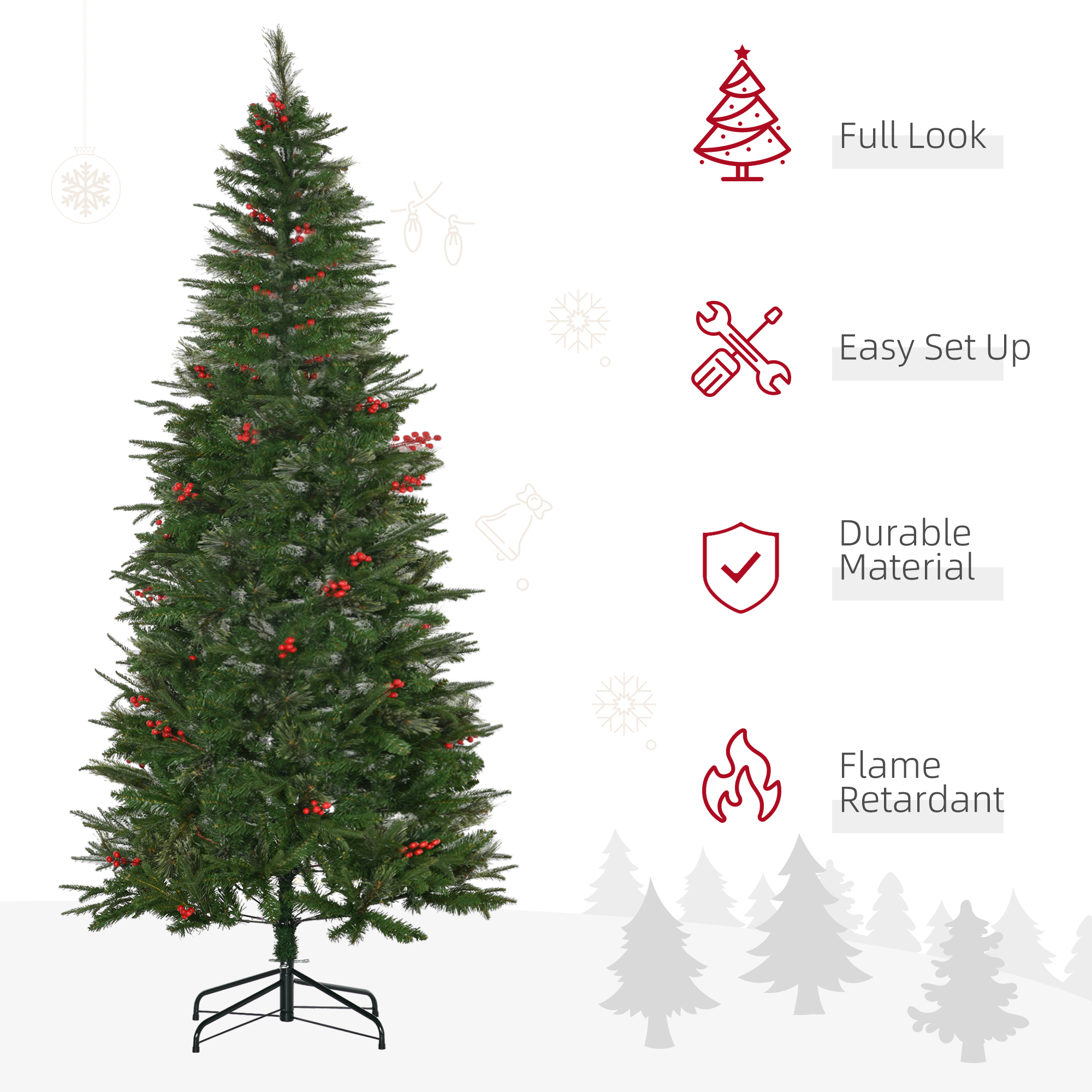 HOMCOM 7ft Pencil Artificial Christmas Tree with Realistic Branches, Red Berries, Auto Open, Green 4
