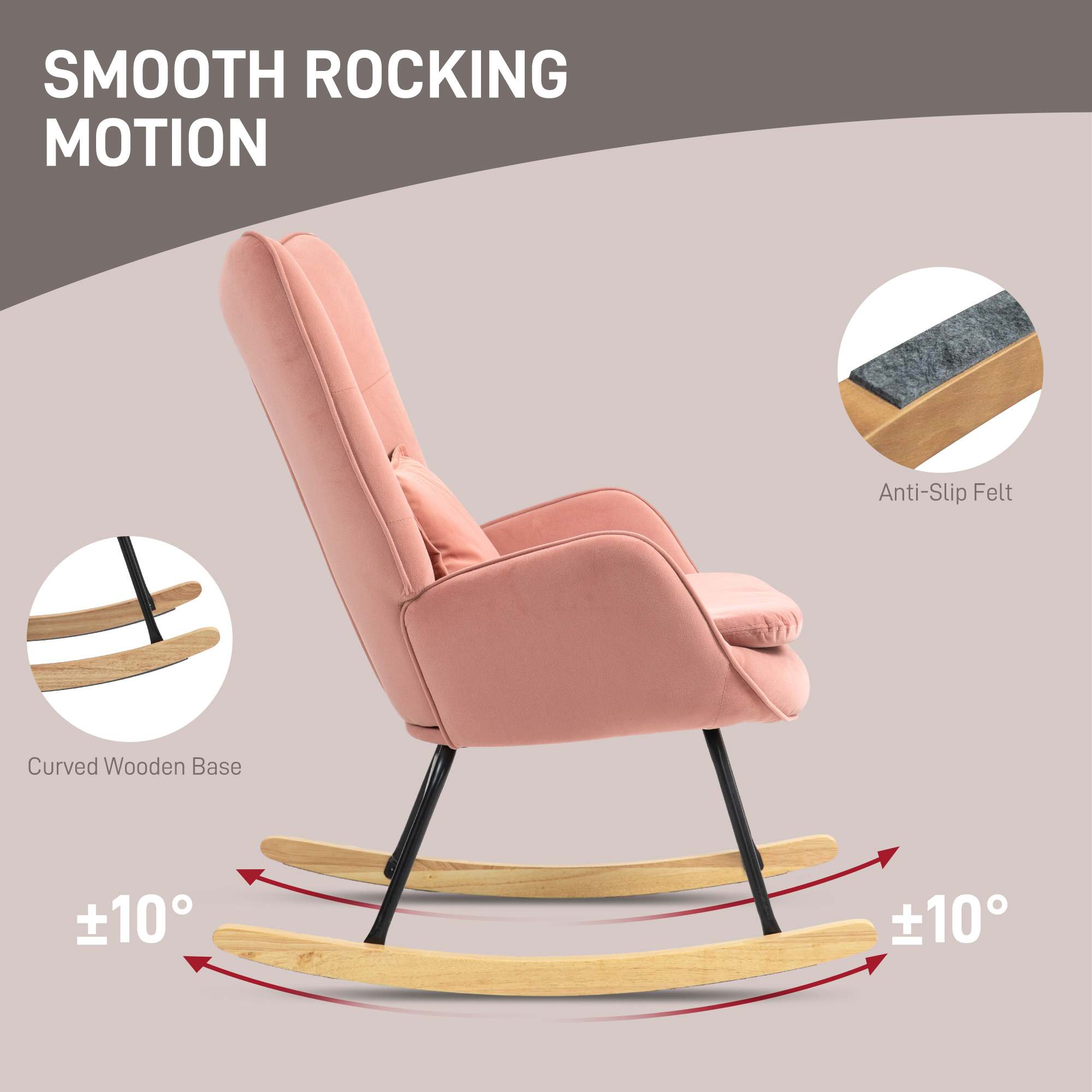 HOMCOM Velvet-Feel Rocking Armchair Pink 4
