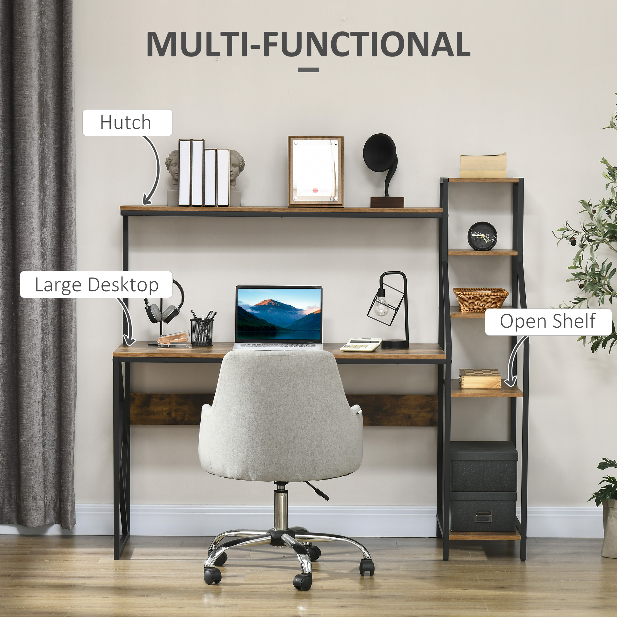 HOMCOM Computer Desk with Bookshelf, Industrial Writing Table with 6 Tier Storage Shelves for Home Office, Bedroom, Study, 150 x 55 x 138cm, Rustic Brown 4