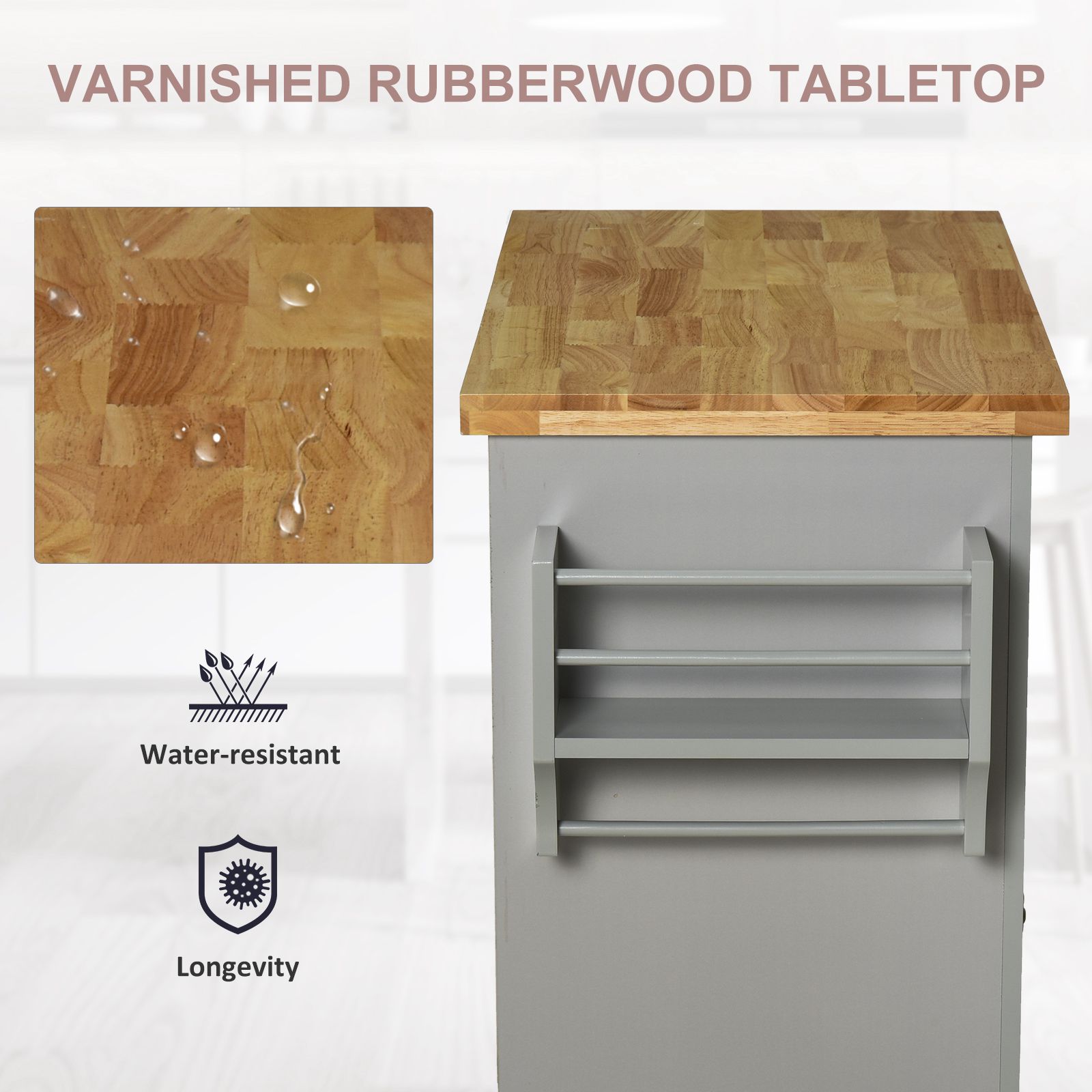 HOMCOM Rolling Kitchen Island Storage Trolley with Rubber Wood Top & Drawers for Dining Room, Grey 5