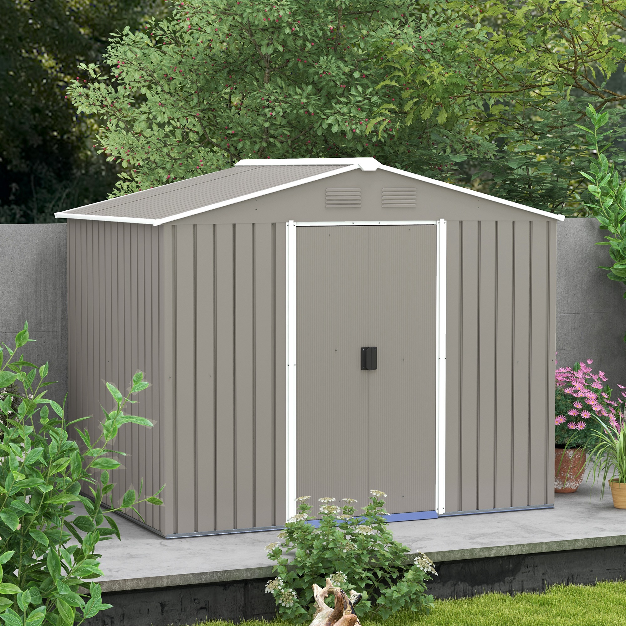Outsunny 7.7 x 5.7ft Outdoor Garden Storage Shed, Metal Tool House with Ventilation and Sliding Doors, Light Grey 7