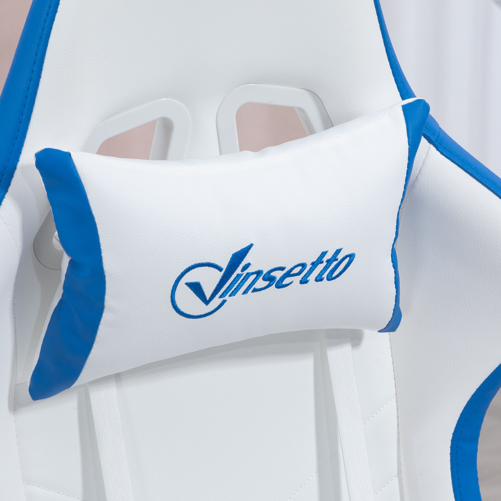 Vinsetto Computer Gaming Chair, PU Leather Office Desk Chair with Footrest, Swivel Wheels, 135° Reclining Back, Lumbar Support, Headrest for Home, White and Blue 8