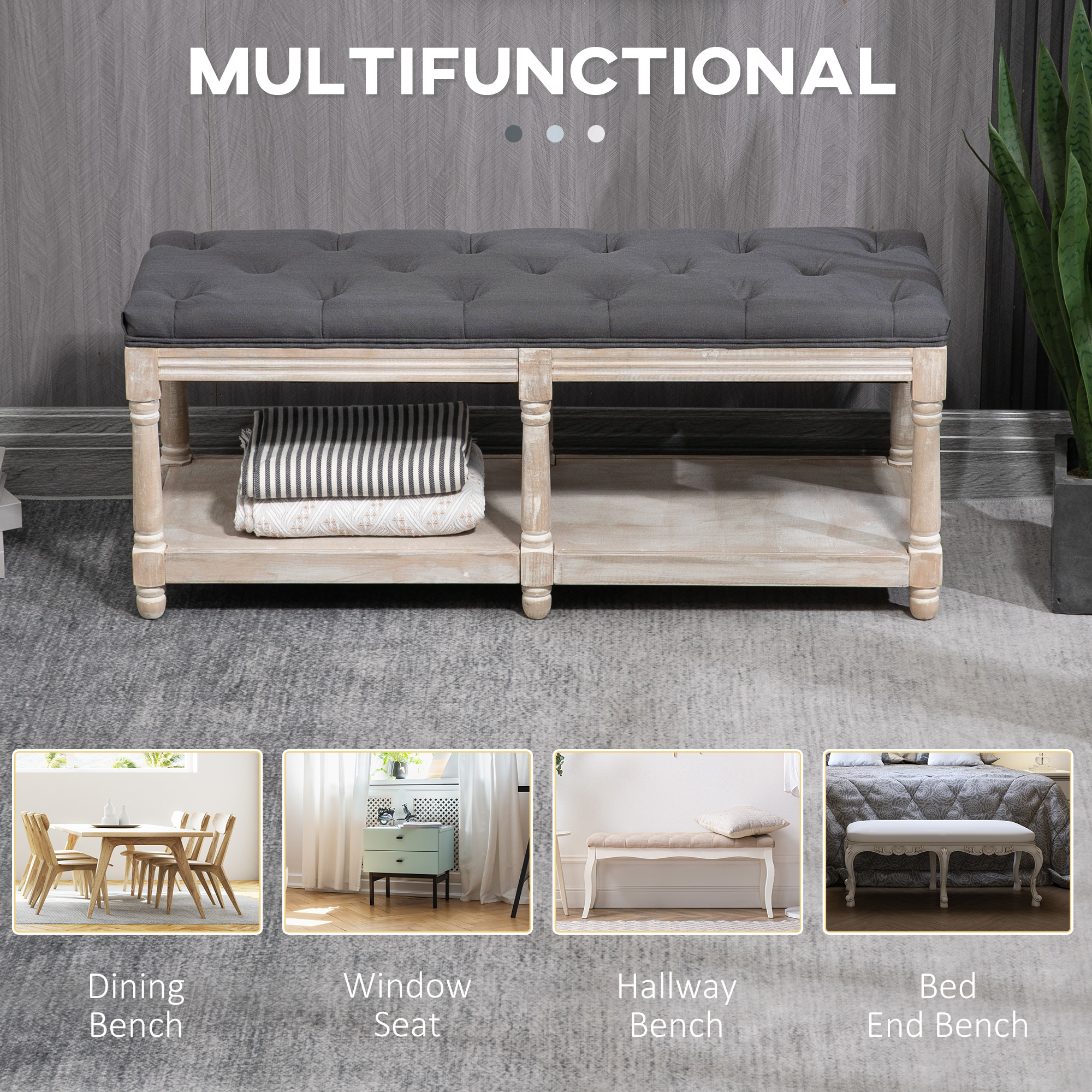 HOMCOM 2-Tier Bed End Bench, Vintage Stool, Wooden Window Seat with Storage Shelf, Button Tufted Upholstered Footstool for Living Room, Bedroom, Entryway, Grey 7