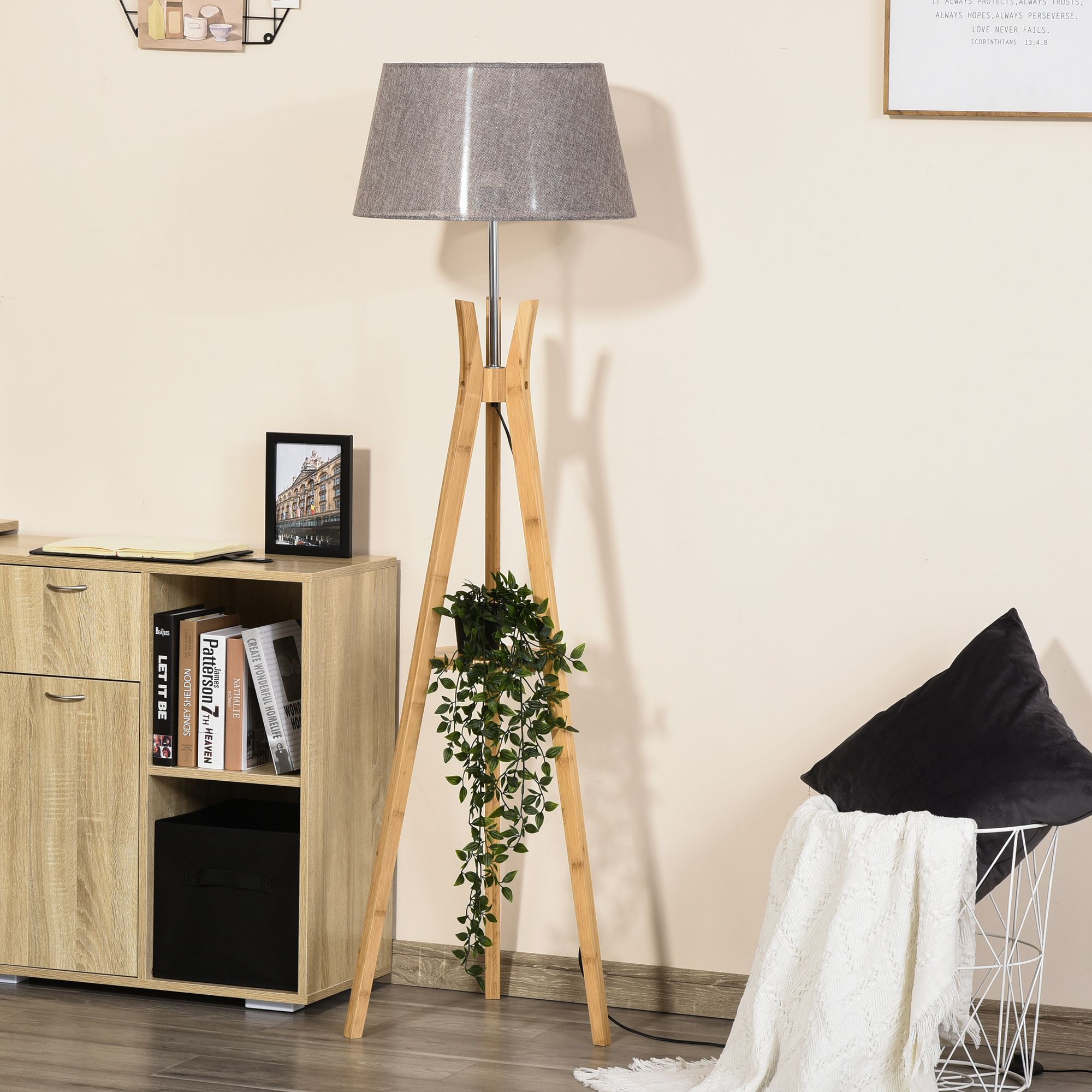 HOMCOM Natural Wood Tripod Floor Lamp Light E27 Base Bedroom Living Room Fabric Shade Storage Shelf Foot Switch, 156cm, Grey 7