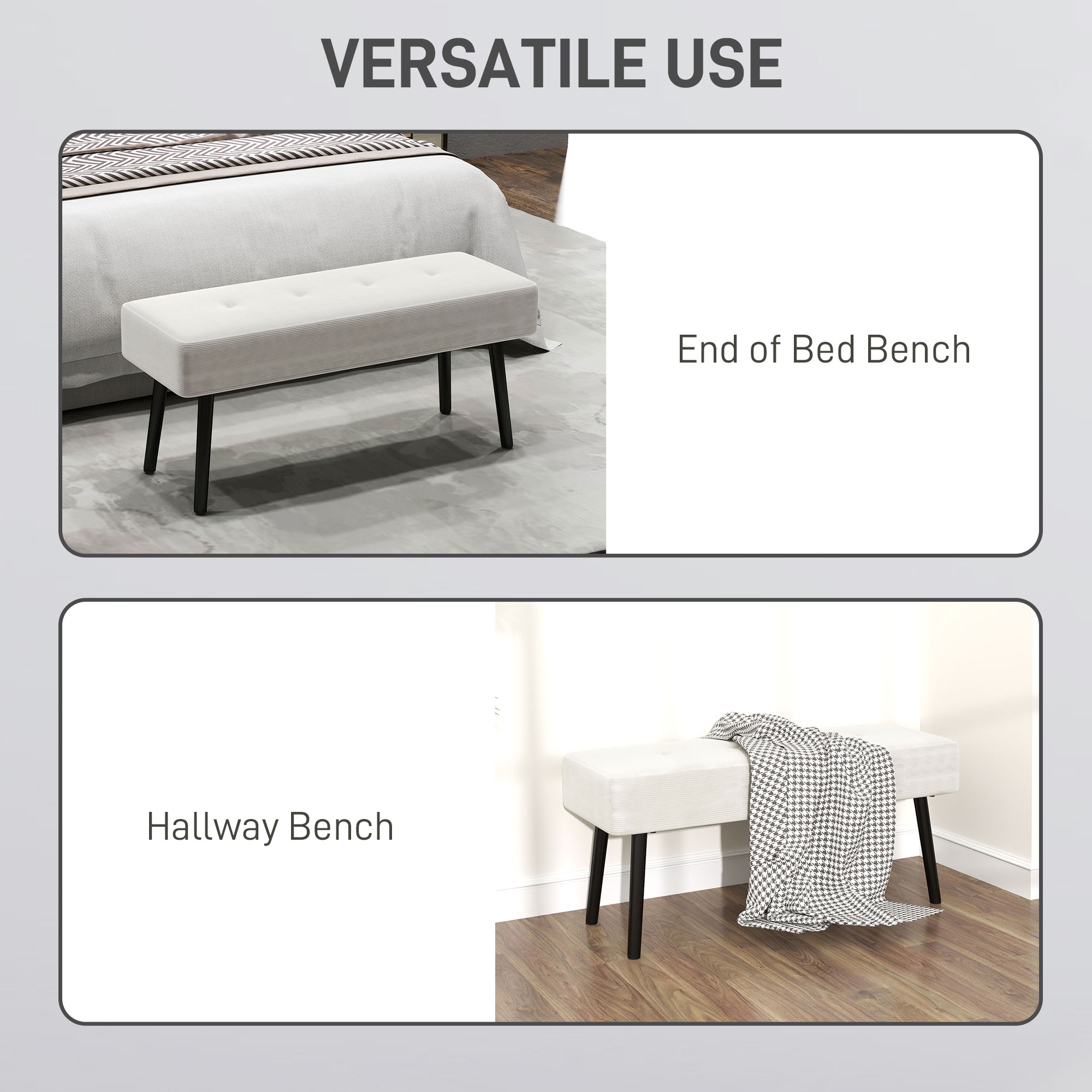 HOMCOM End of Bed Bench, Corduroy Bedroom Bench with Thick Padding and Steel Legs, Tufted Window Seat for Entryway, Living Room, Cream White 6