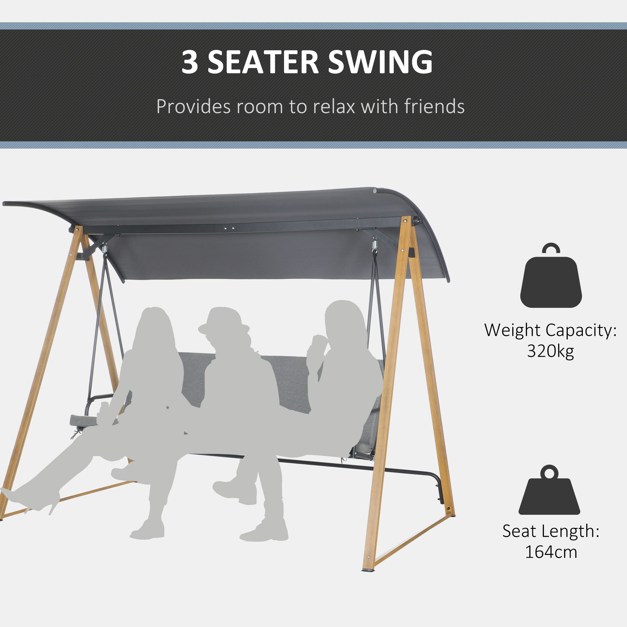 Outsunny 3 Seater Swing Chair, Garden Swing Bench with Adjustable Canopy, Cushioned Seat and Weather Resistant Steel Frame for Patio, Yard 4