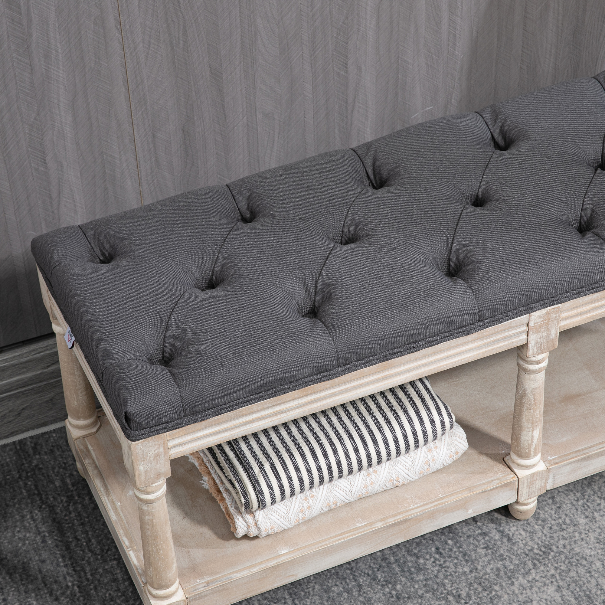 HOMCOM 2-Tier Bed End Bench, Vintage Stool, Wooden Window Seat with Storage Shelf, Button Tufted Upholstered Footstool for Living Room, Bedroom, Entryway, Grey 8