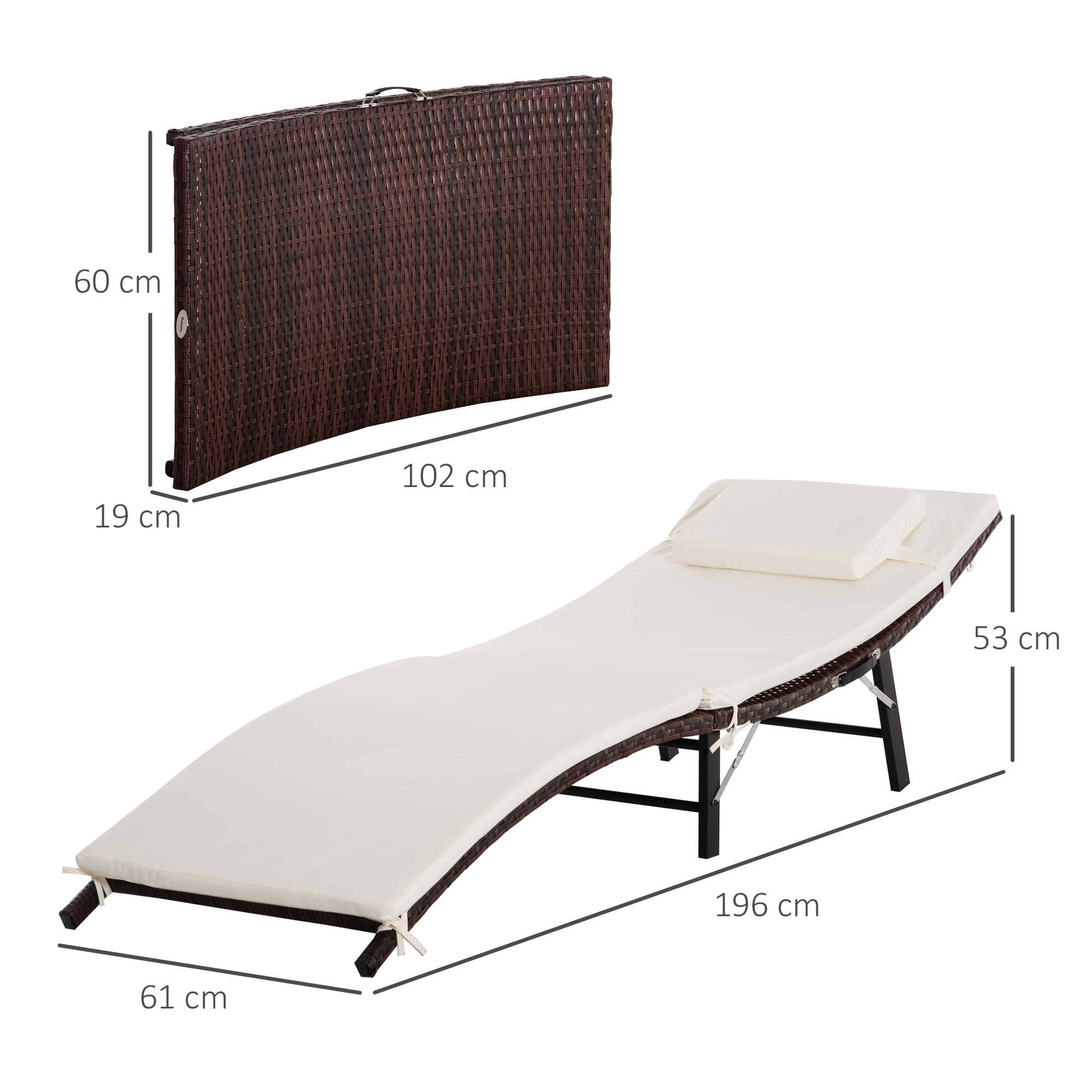 Outsunny Rattan Folding Sun Lounger Outdoor Chair with Cushion and Pillow Cream White 3