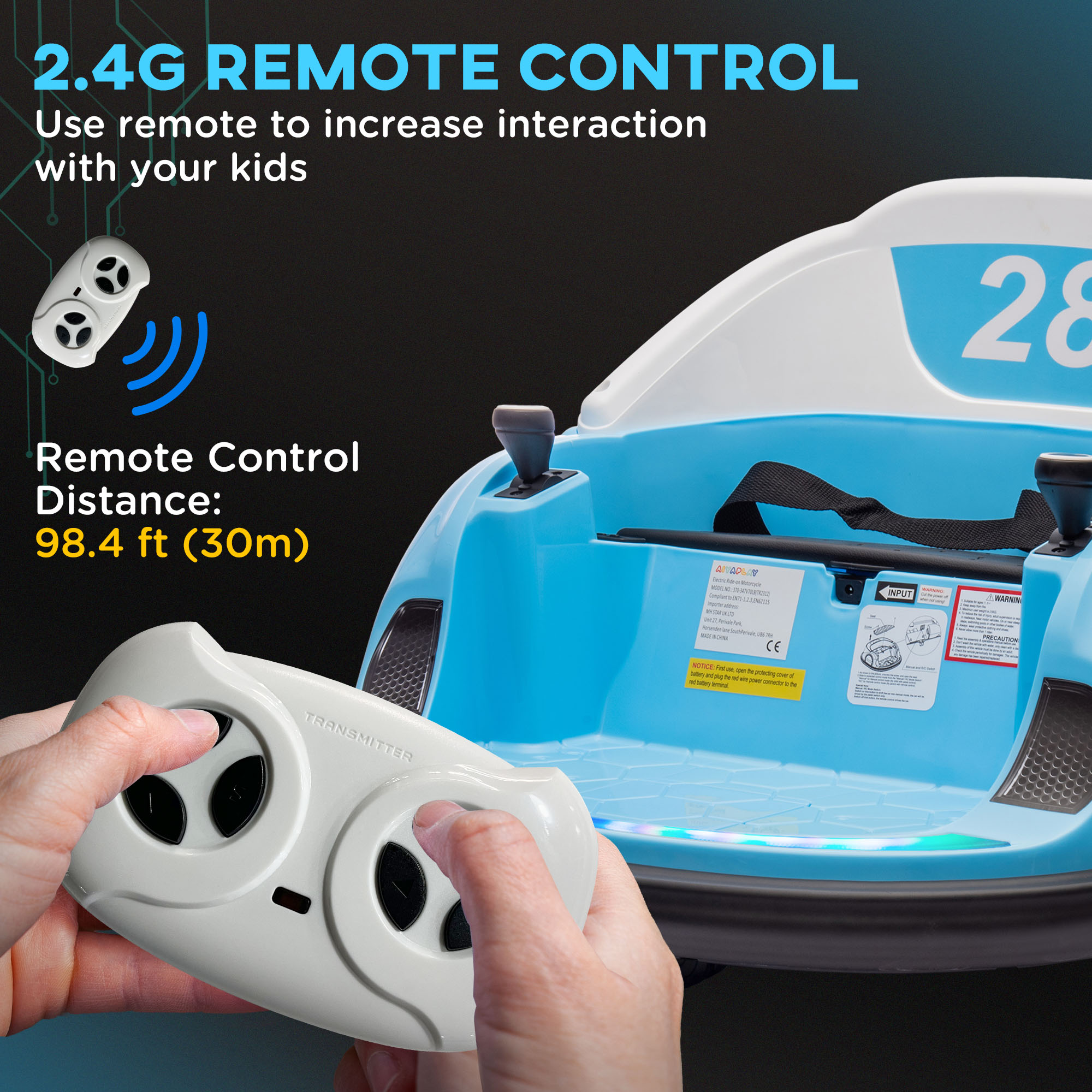 AIYAPLAY 360° Rotation Kids Bumper Car, 12V Waltz Car with Remote Control, Dual Joystick, Music, Lights, Light Blue 6