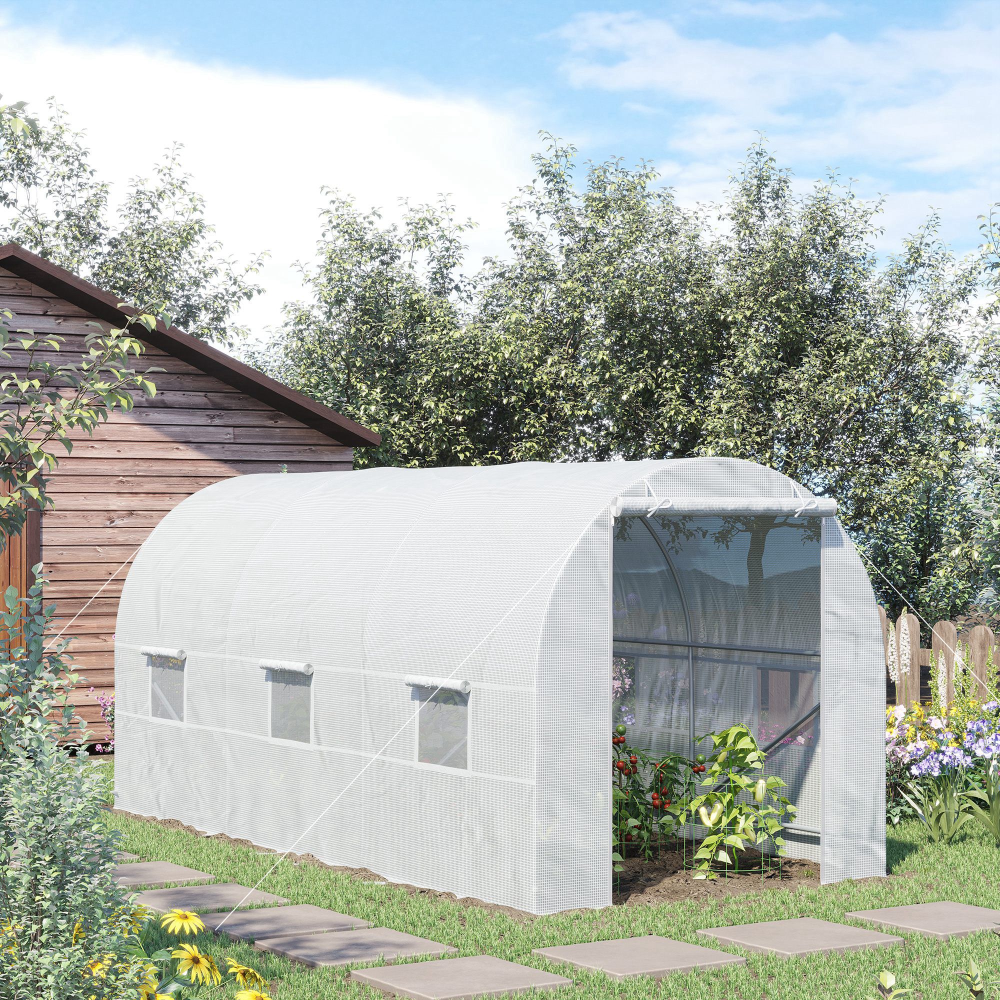 Outsunny 4.5 x 2 x 2 m Polytunnel Greenhouse, Walk-in Green House for Garden with Mesh Windows, Galvanised Steel Frame, White 9