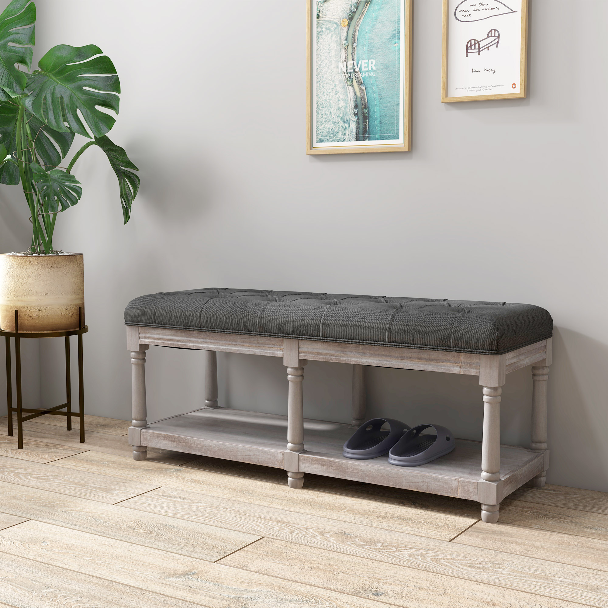 HOMCOM 2-Tier Bed End Bench, Vintage Stool, Wooden Window Seat with Storage Shelf, Button Tufted Upholstered Footstool for Living Room, Bedroom, Entryway, Grey 2