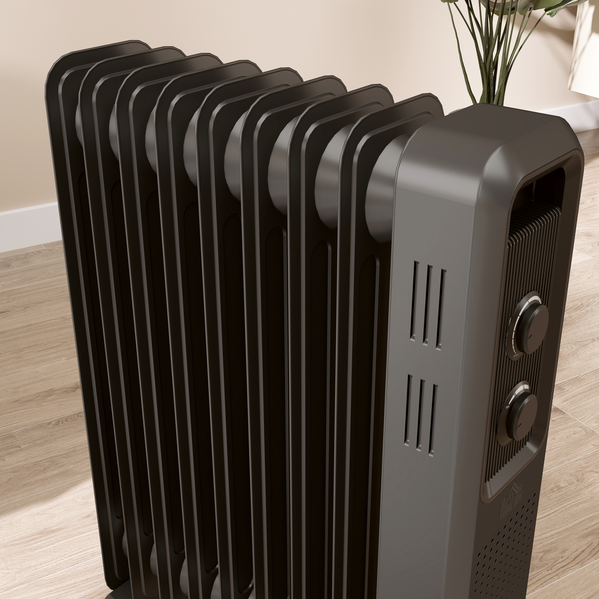 HOMCOM 2000W Oil Filled Radiator, 9 Fin, Portable Electric Heater with 3 Heat Settings, Safety Cut-Off and Wheels, Grey 9