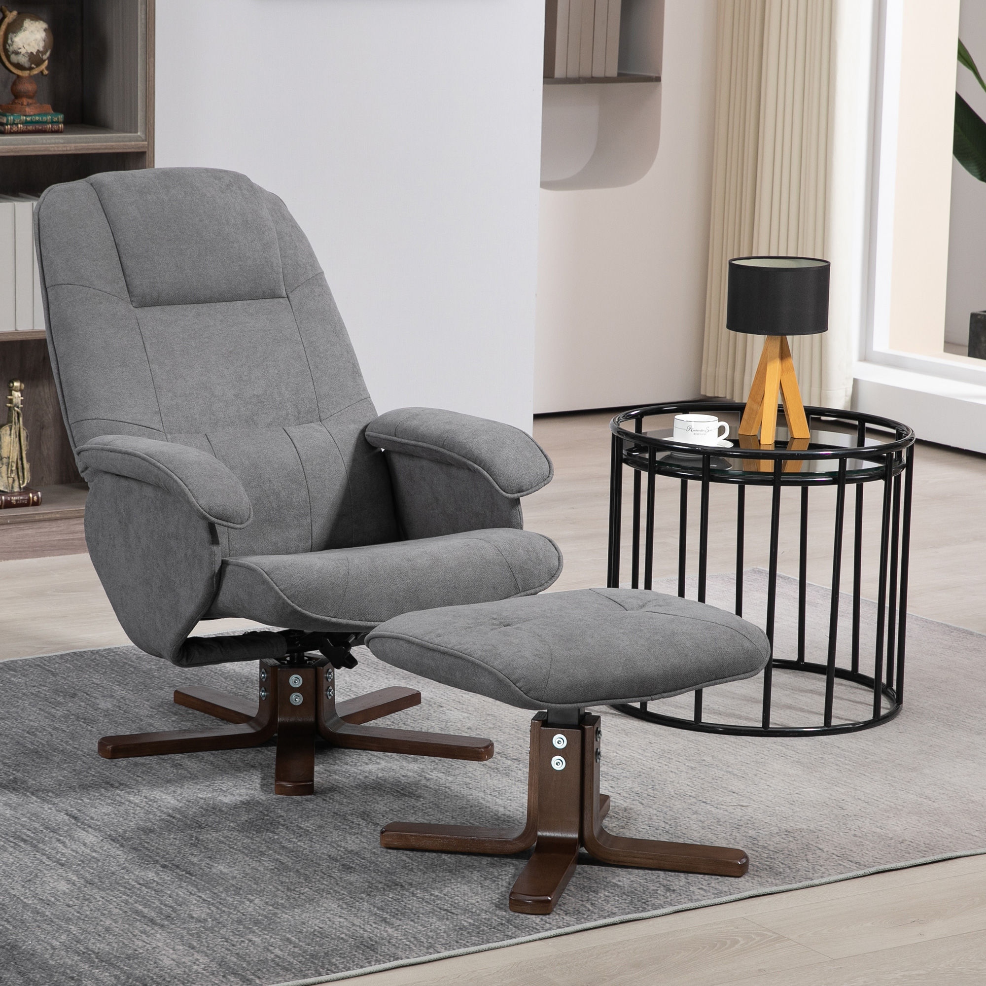 HOMCOM Linen Swivel Recliner Chair with Footstool, Upholstered Reclining Armchair with Wooden Base for Living Room, Grey 2
