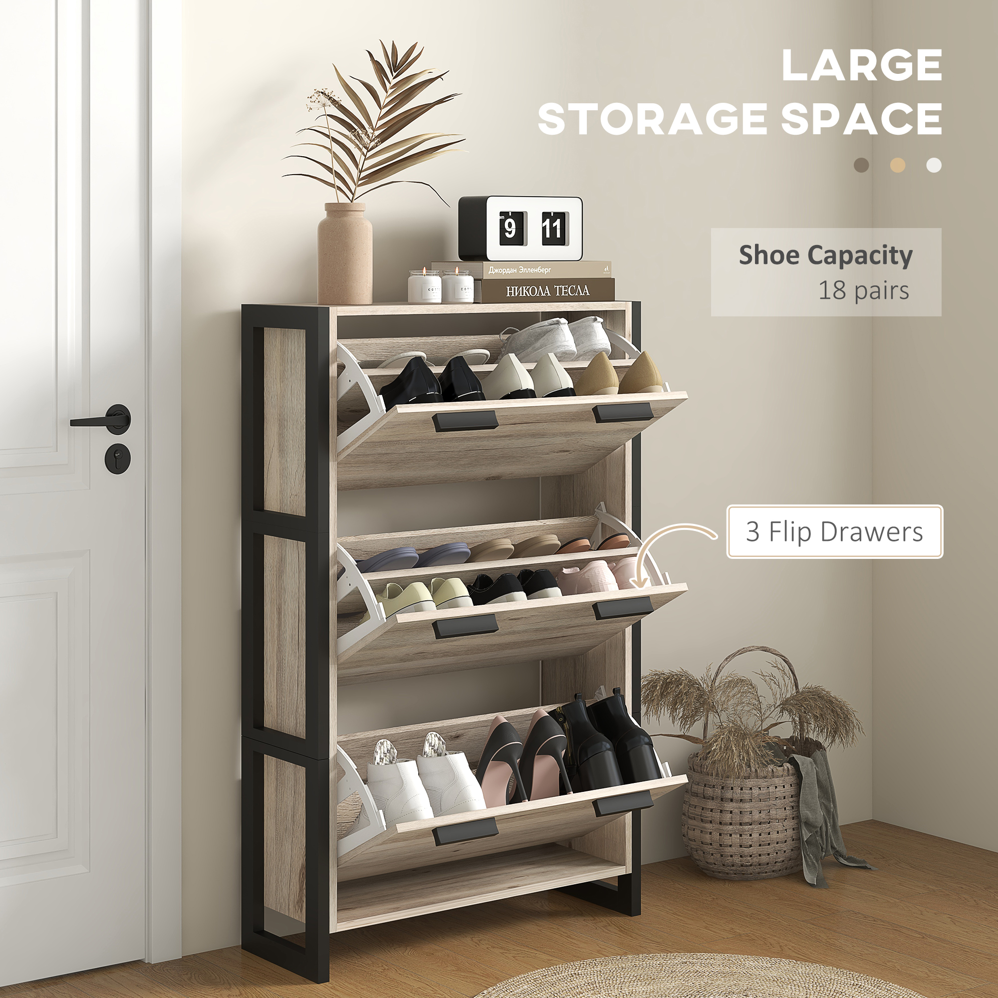 HOMCOM Shoe Storage Cabinet with 3 Flip Drawers Adjustable Shelf 18 Pairs Narrow Shoe Cupboard for Entryway Natural Wood-effect 4