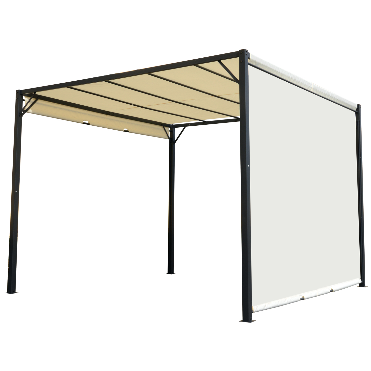 Outsunny Pérgola 3x3m con Techo Retráctil Pared Lateral Acero Tela Poliéster Versátil para Jardín Patio Terraza Crema   Aosom España