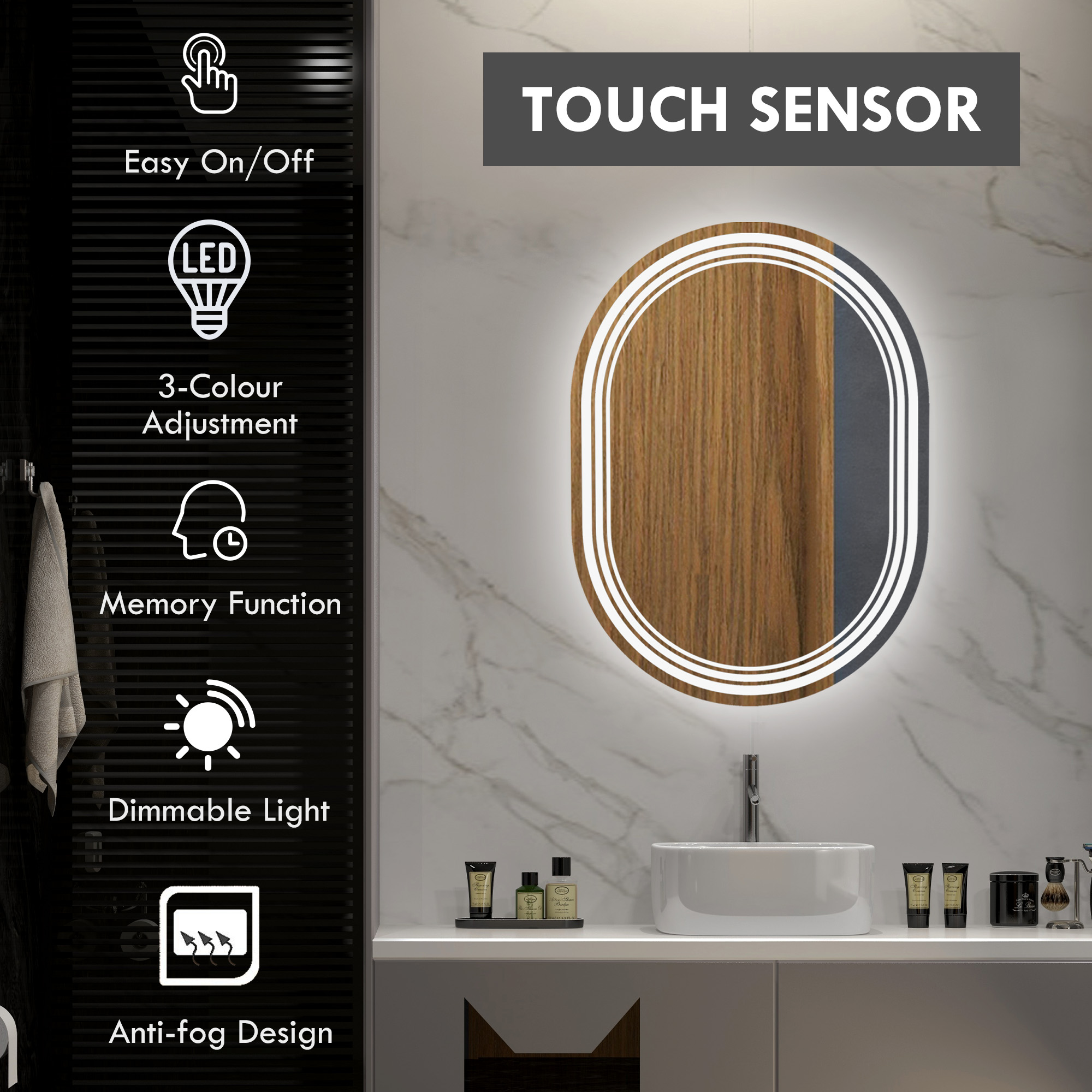 kleankin 700 x 500mm Bathroom Mirror with LED Lights Makeup Mirror with Anti-fog Touch, Switch, Vertical or Horizontal 4