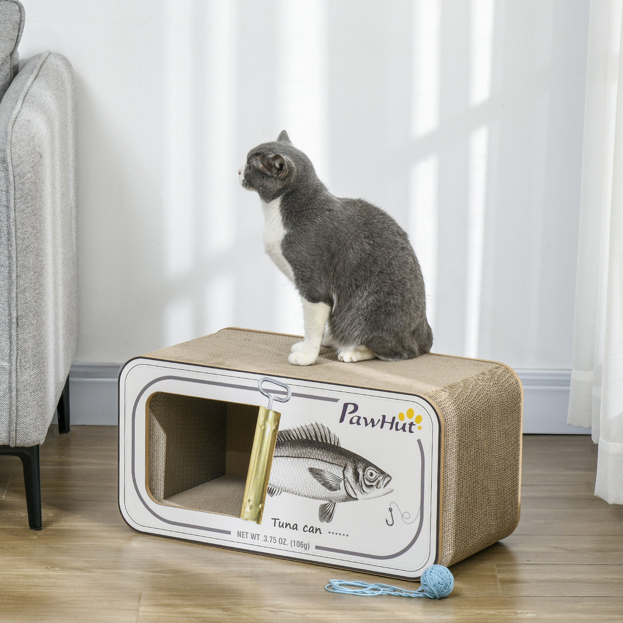 PawHut 2 in 1 Cat Scratching Board, Cardboard Cat House with Catnip, Canned Tuna Design 2