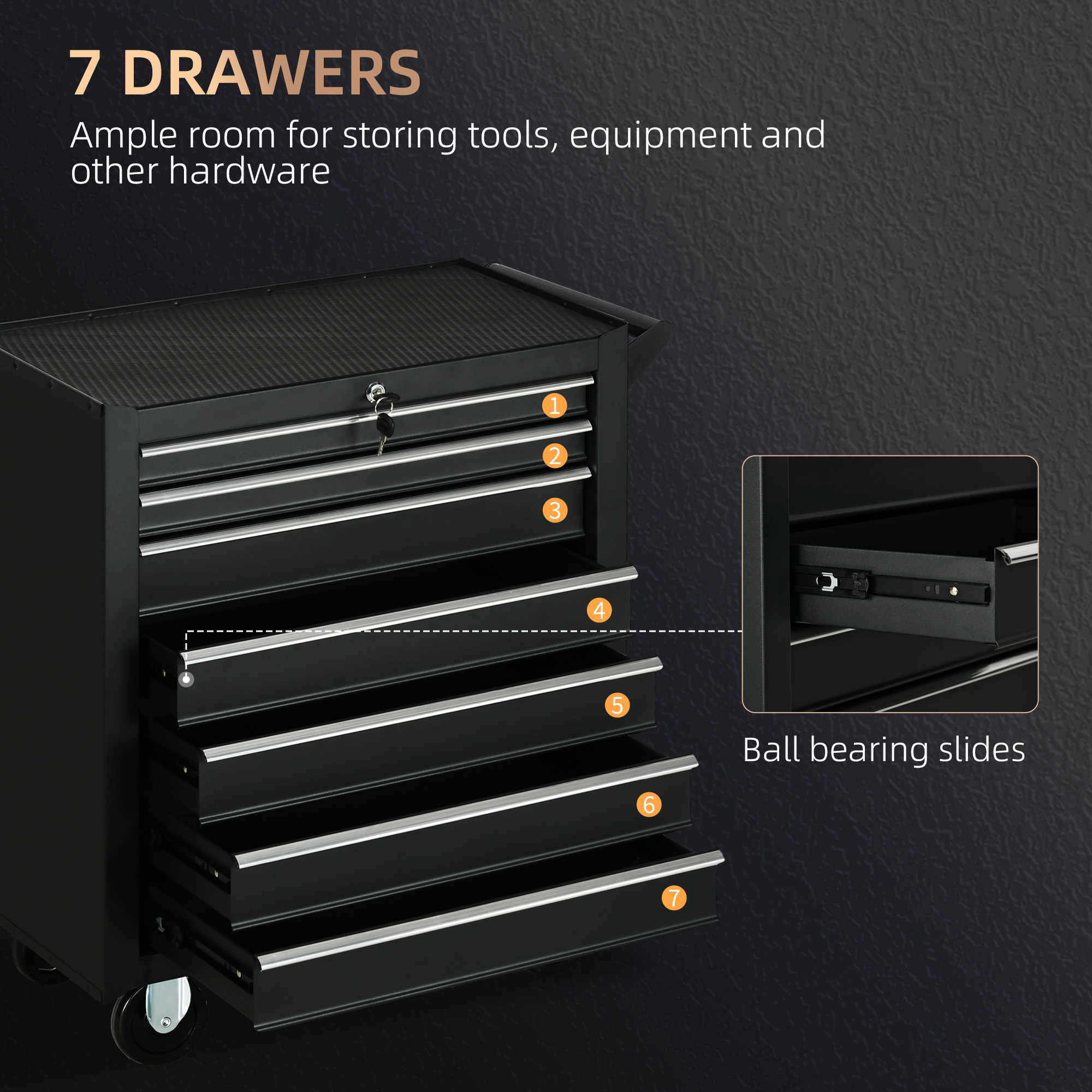 DURHAND 7-Drawer Tool Box on Wheels, Lockable Tool Cabinet with EVA Pat & Ball Bearing, Matte Black 4