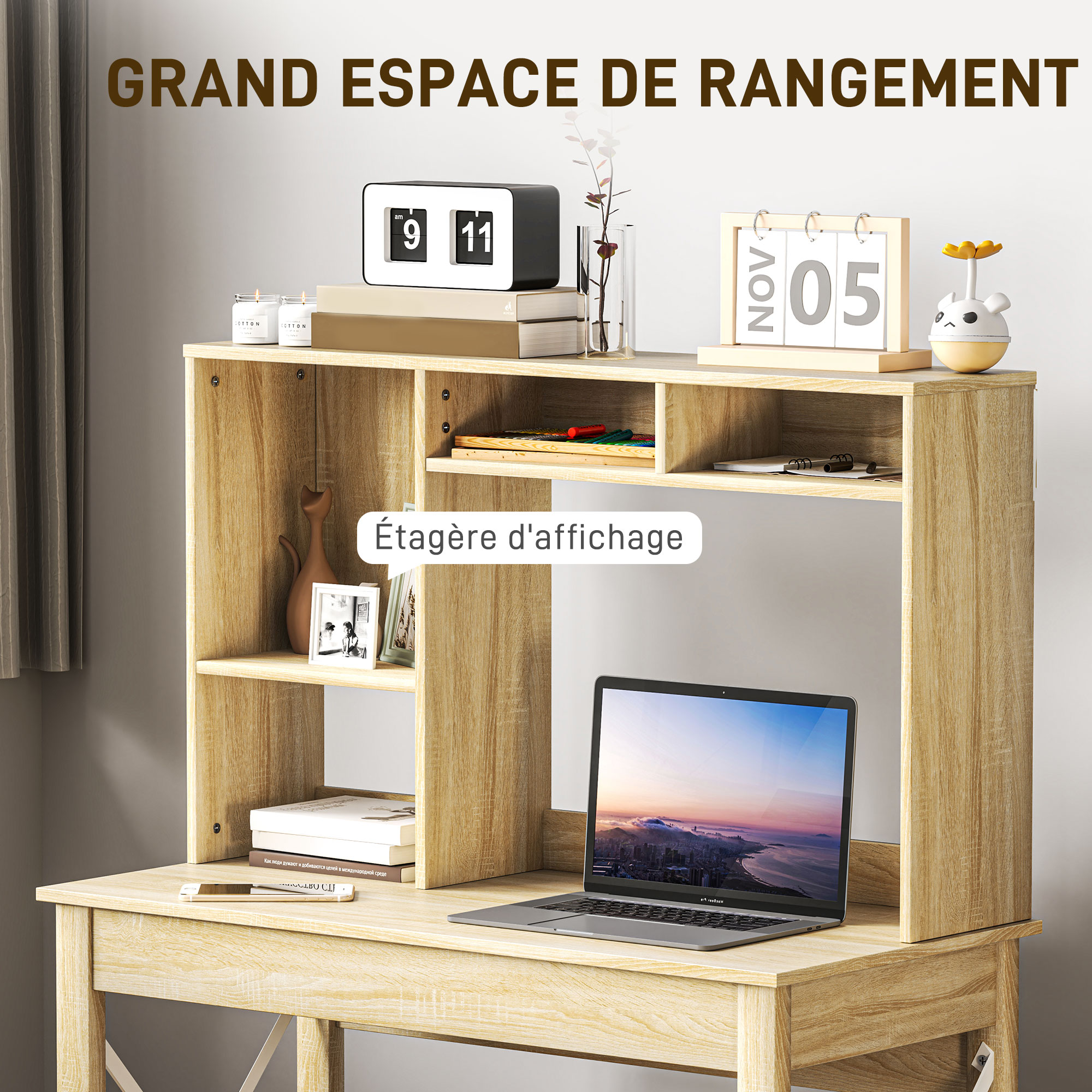 Organisateur De Bureau En Bois Et ABS - 5 Compartiments - 18.5x14x9.3 Cm - Pour Stylos, Téléphone, Fournitures - Rangement Bureau, école, Maison - 9