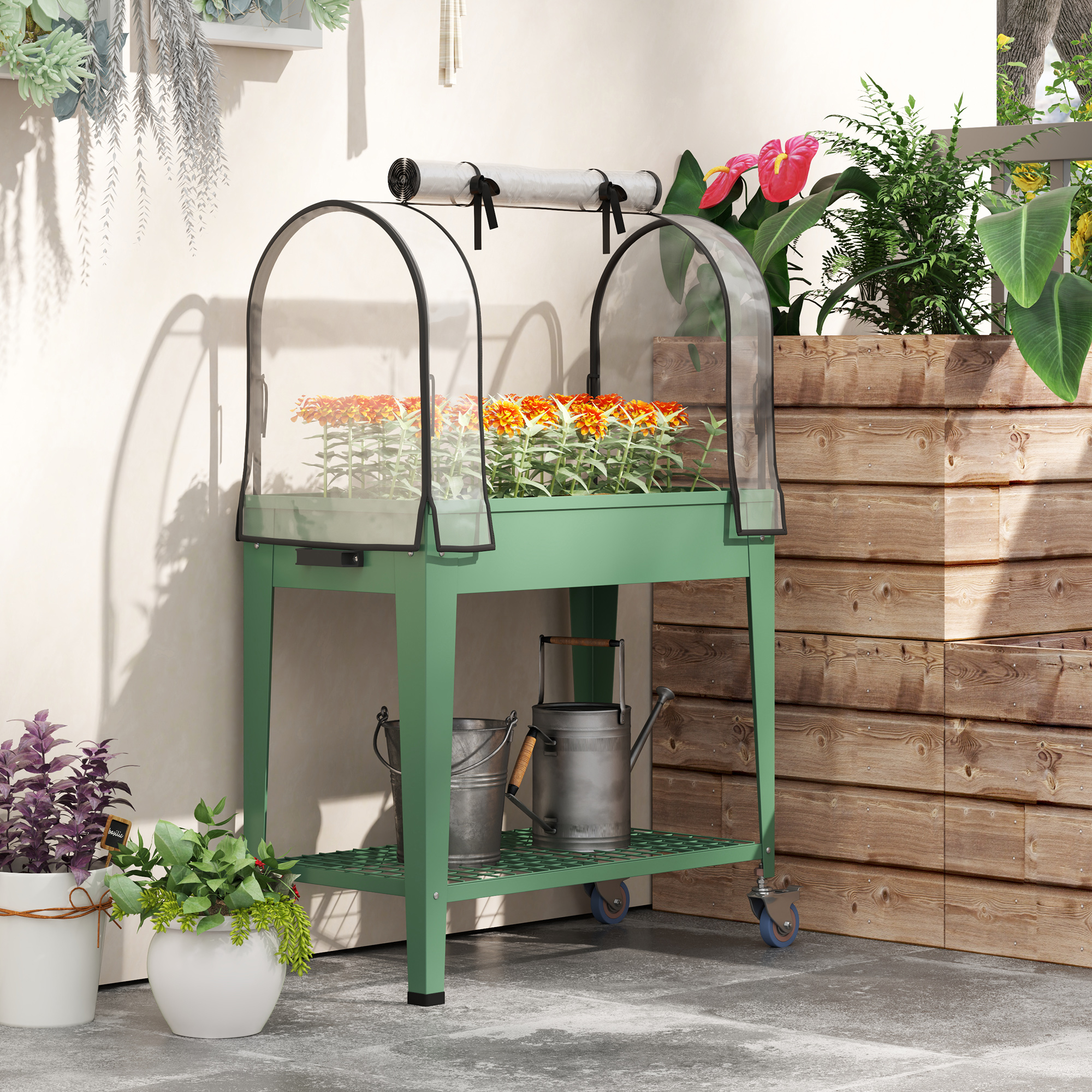Outsunny Raised Planter with Greenhouse Cover, Mobile Elevated Garden Bed with Wheels and Bottom Shelf for Vegetables, Green 8