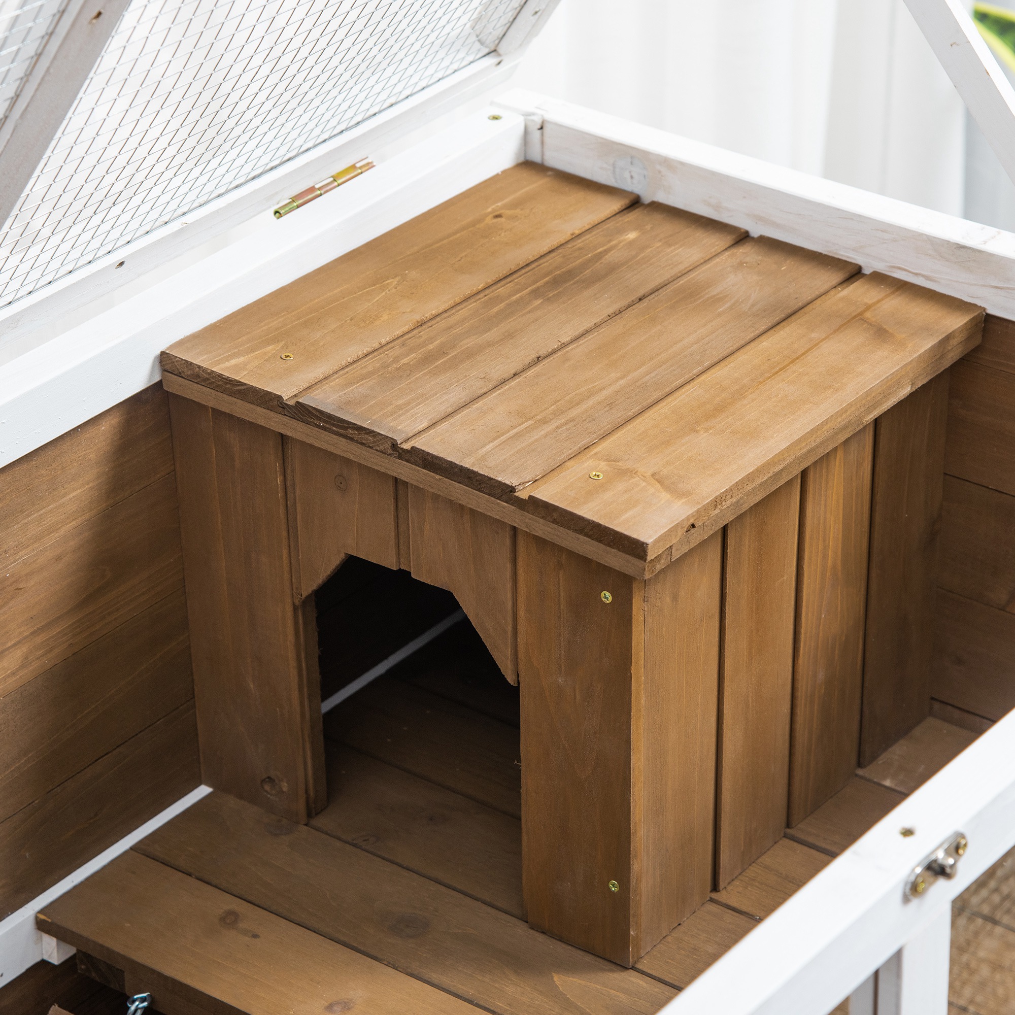 PawHut Wooden Rabbit Hutch, Bunny Cage w/ Tray, Ramp, Openable Roof, Wheels, 91.5 x 53.3 x 73cm Brown 9
