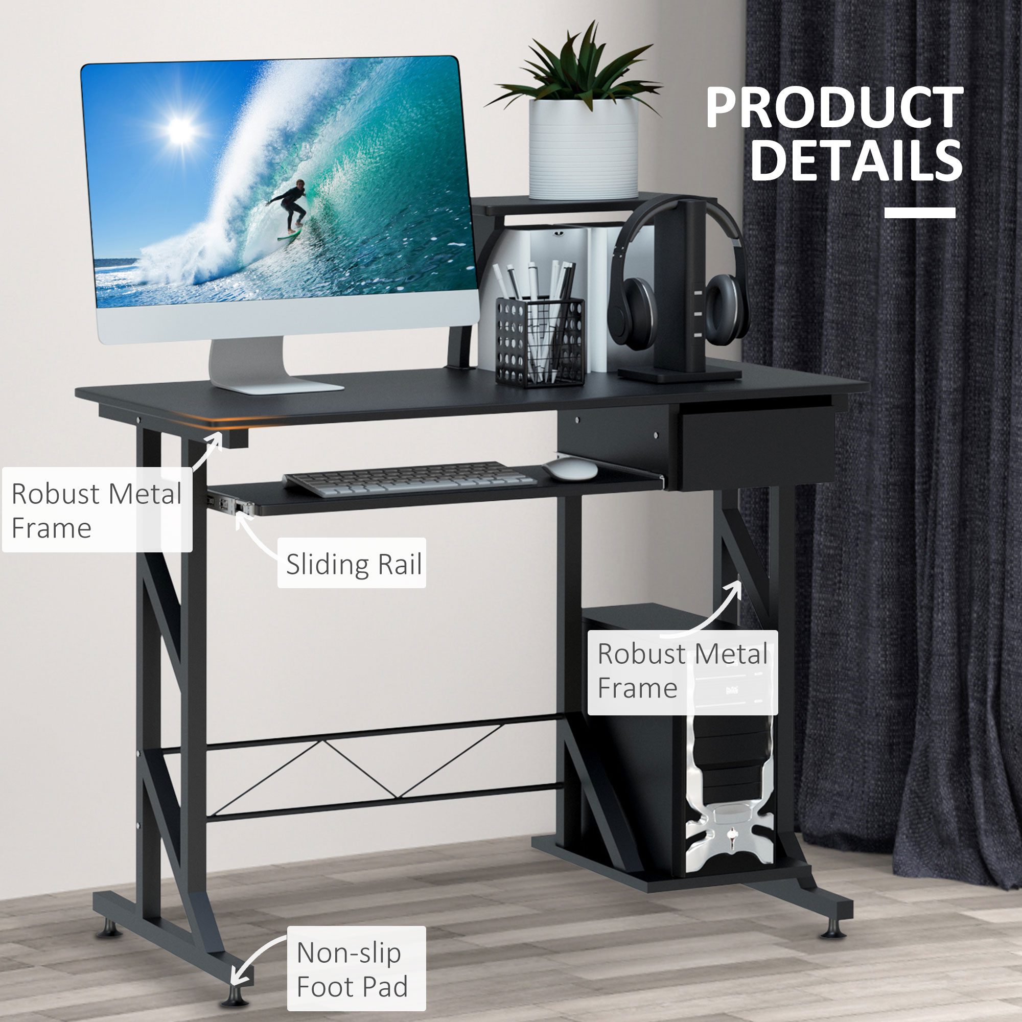 HOMCOM Computer Desk with Display Stand, Sliding Keyboard Tray Drawer and Host Box Shelf Home Office Workstation Black 5