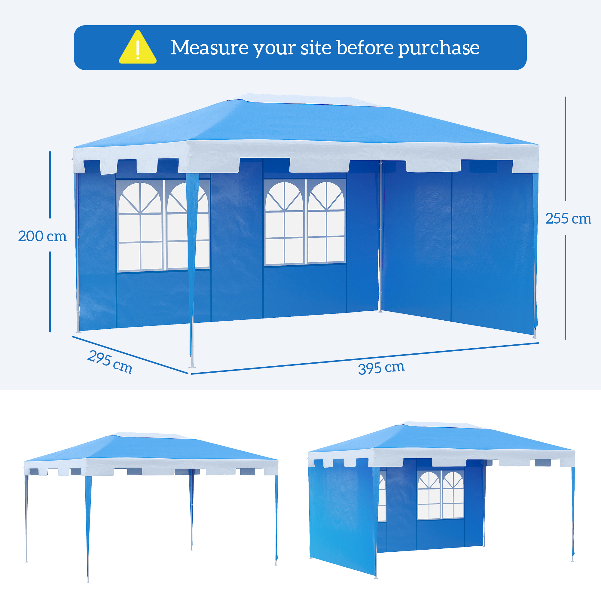 Outsunny 3 x 4 m Garden Gazebo Shelter Marquee Party Tent with 2 Sidewalls for Patio Yard Outdoor, Blue 3