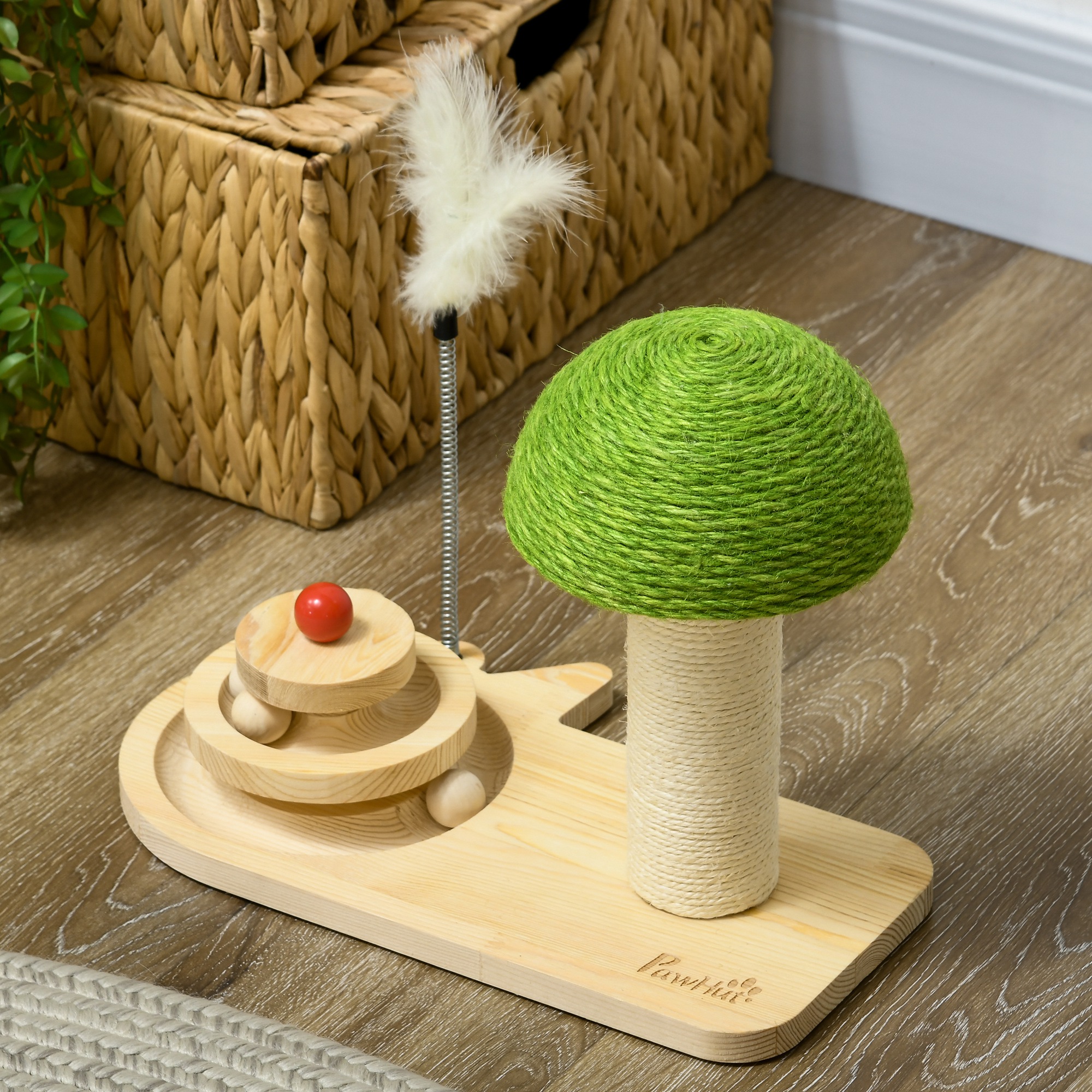 PawHut Mushroom-Shaped Cat Scratching Post, with Toy Balls, Feather for Indoor Cats, 35 x 21 x 26cm Natural Tone 9