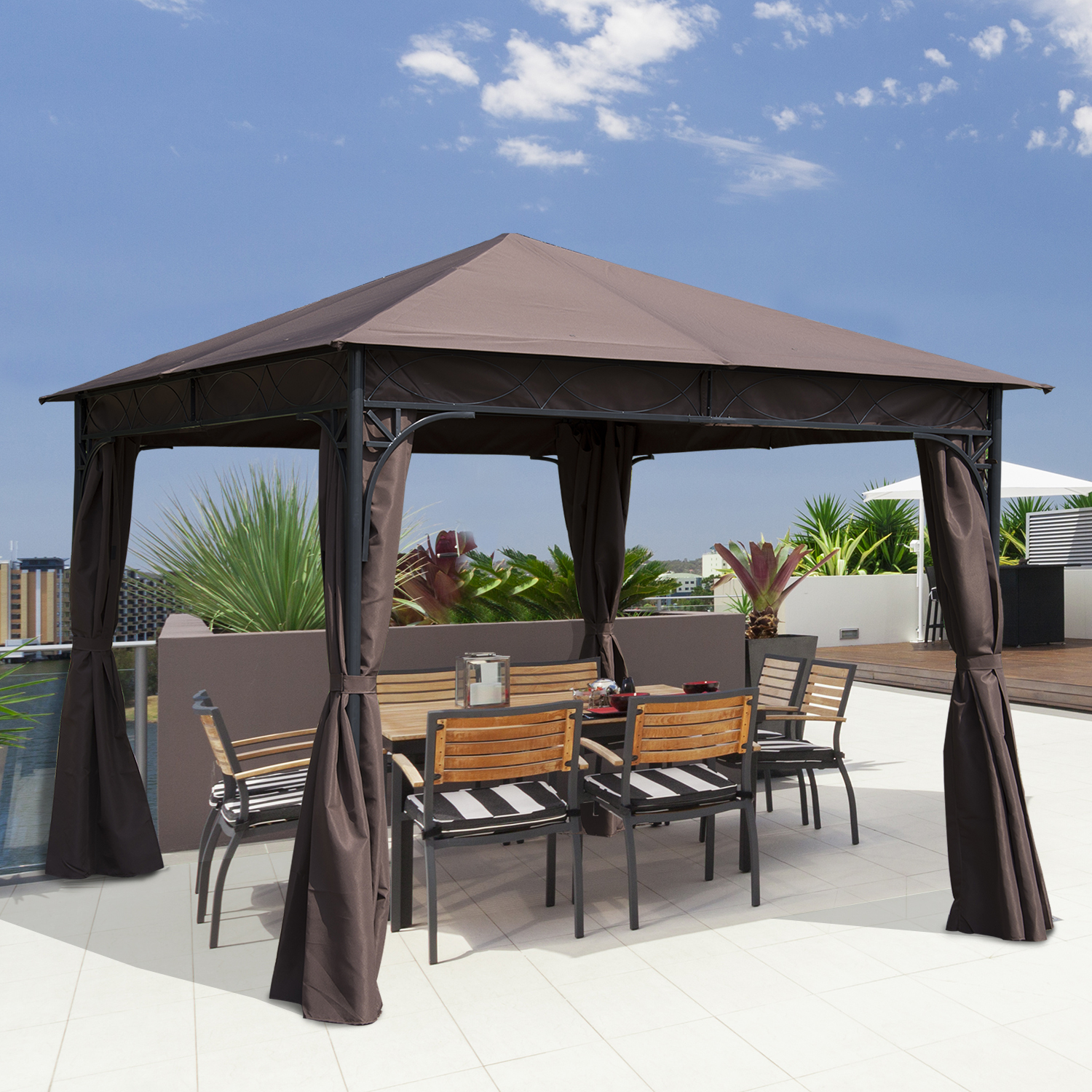 Outsunny 3 x 3(m) Garden Gazebo, Outdoor Gazebo Canopy Shelter with Curtains and Steel Frame for Lawn, Yard and Deck, Coffee 2
