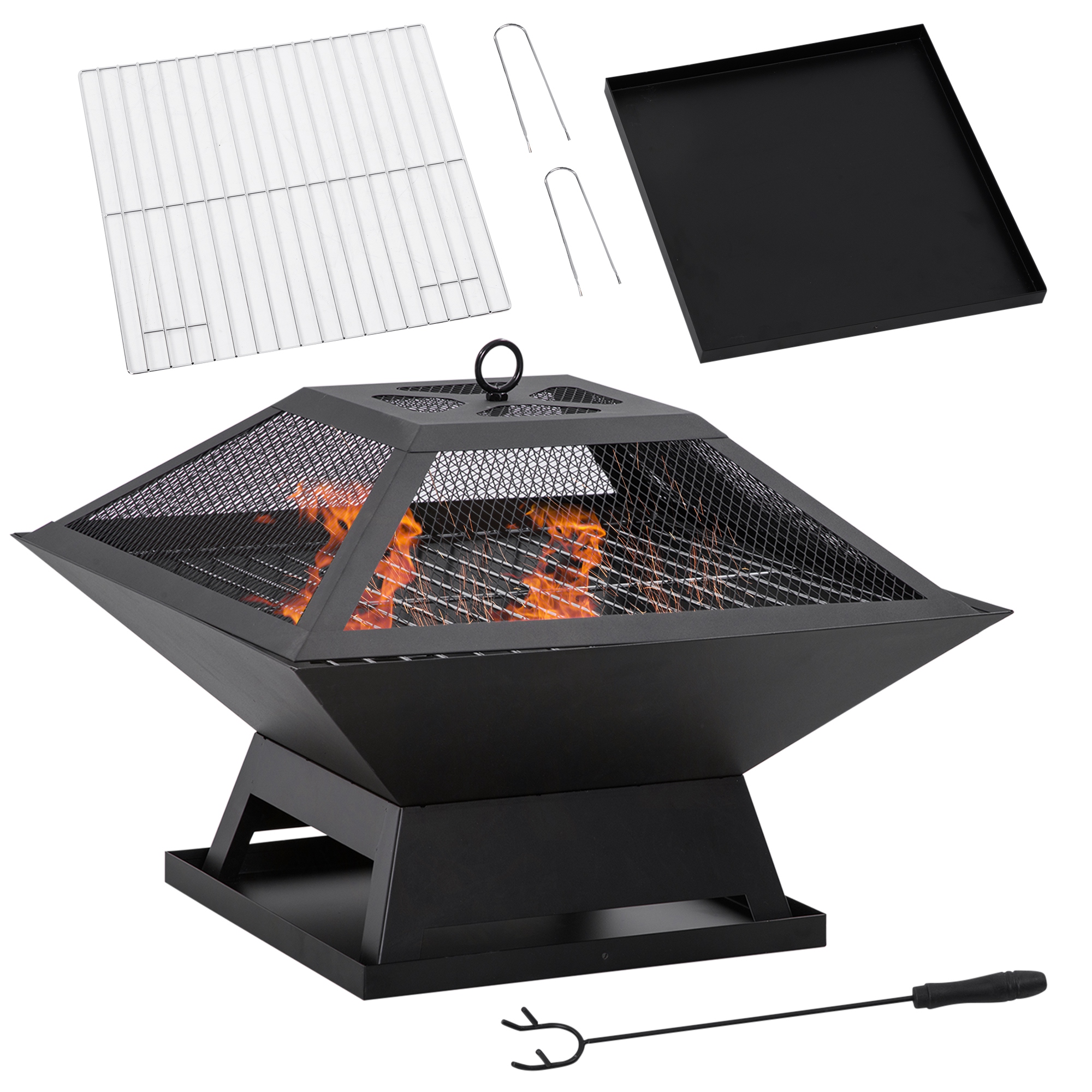 Outsunny Brasero Exterior de Acero 45x45x34cm Pozo de Fuego para Jardín con Protector de Chispas Atizador para Hogueras Terraza Negro   Aosom España