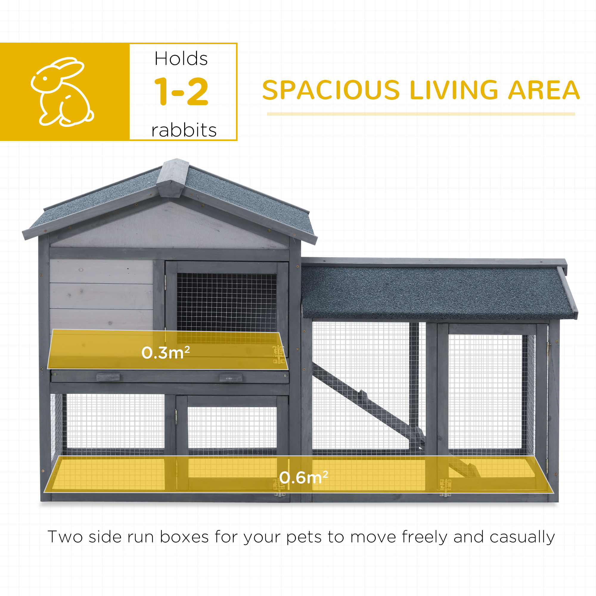 PawHut Wooden Rabbit Hutch Outdoor, Double Tier with Water-Resistant Roof, Ramp 147 x 54 x 84 cm, Grey 5