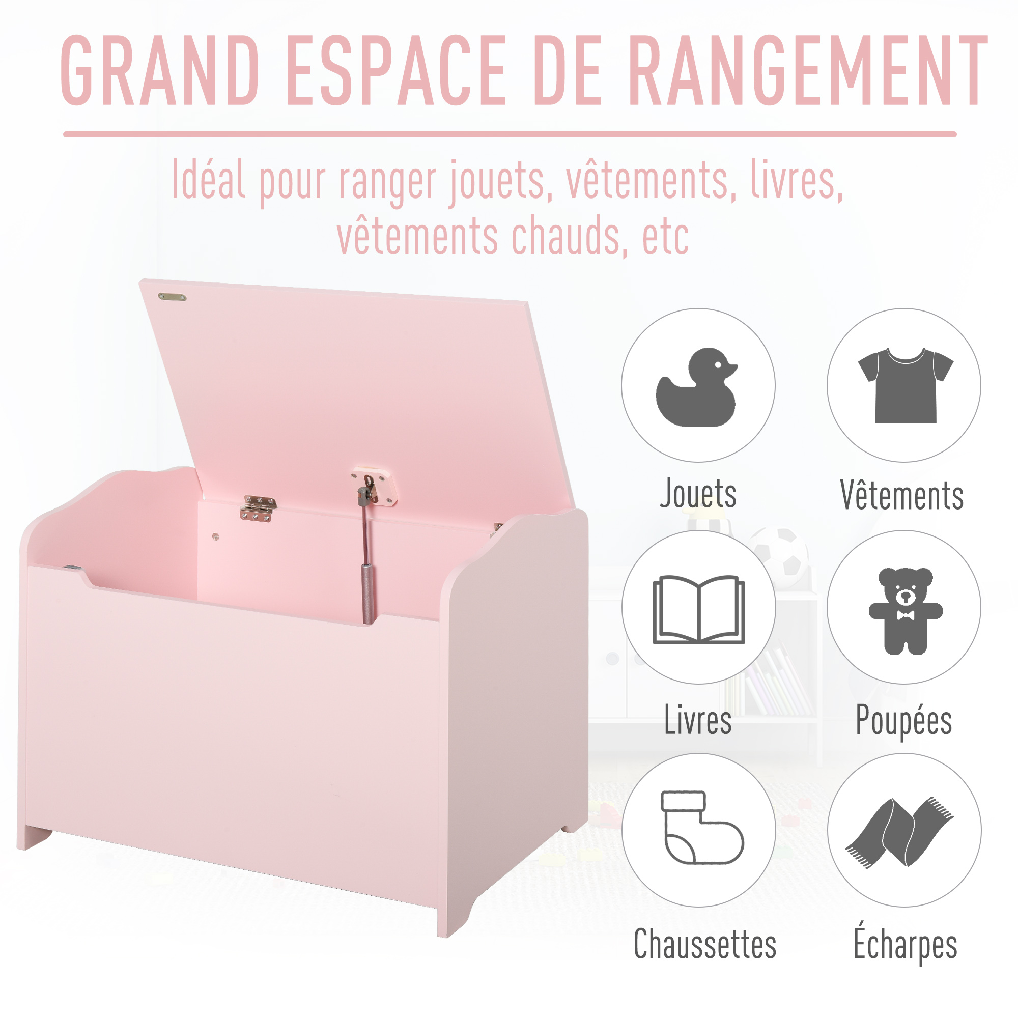 Coffre à Jouets Banc 2 En 1 HOMCOM - 60x30x50 Cm, Rose, Rangement Jouets + Siège (40 Kg), Couvercle Sécurisé à Pression - 4