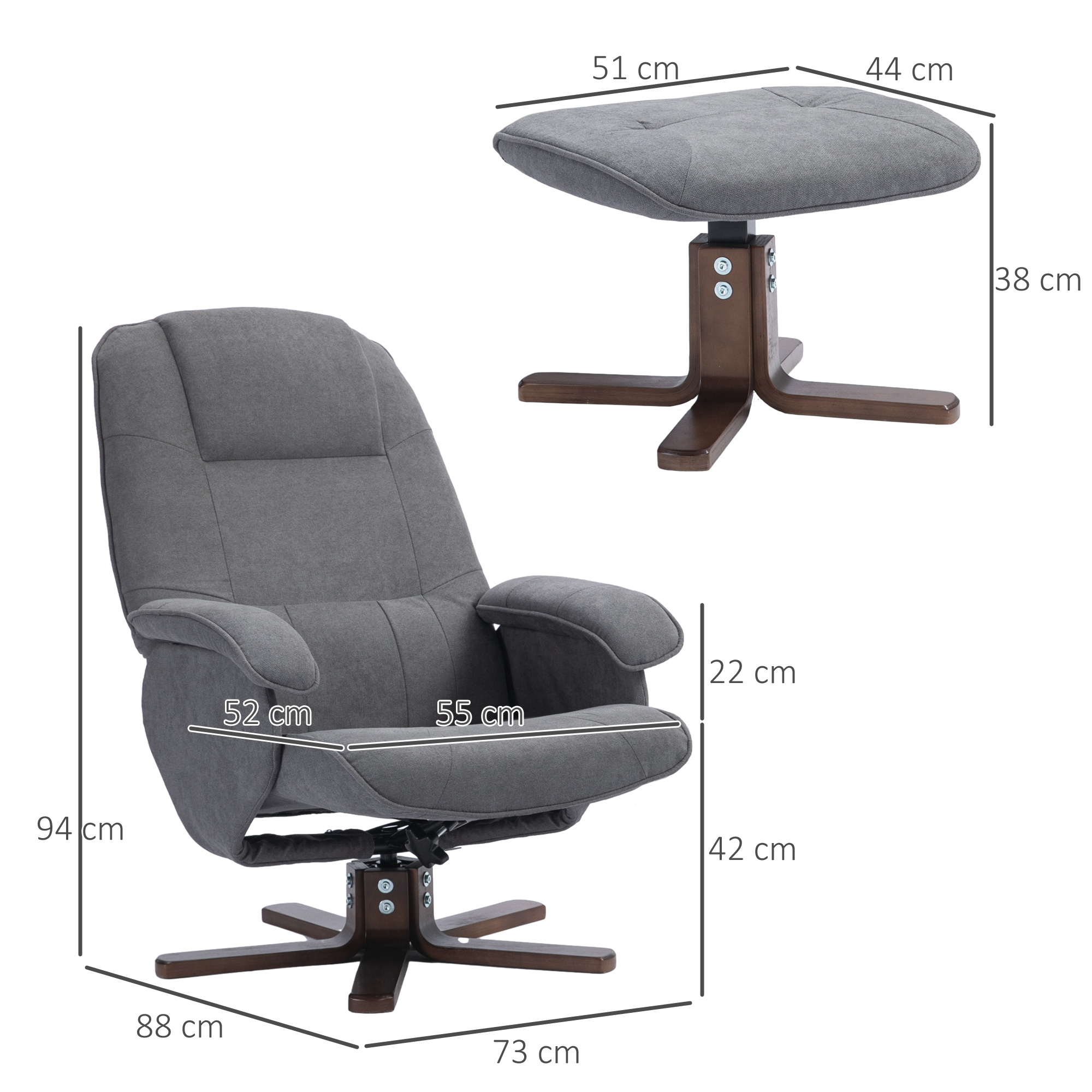 HOMCOM Linen Swivel Recliner Chair with Footstool, Upholstered Reclining Armchair with Wooden Base for Living Room, Grey 3