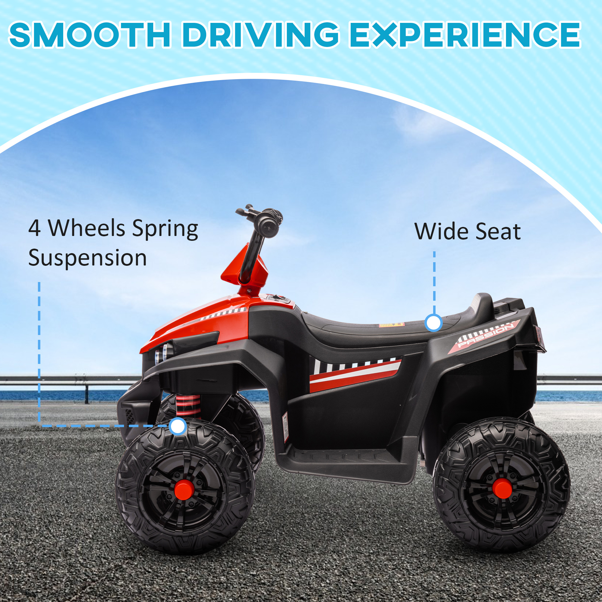 AIYAPLAY 12V Kids Electric Quad Bike w/ Spring Suspension System, Forward, Backward, LED Light, Music, MP3, Red 4